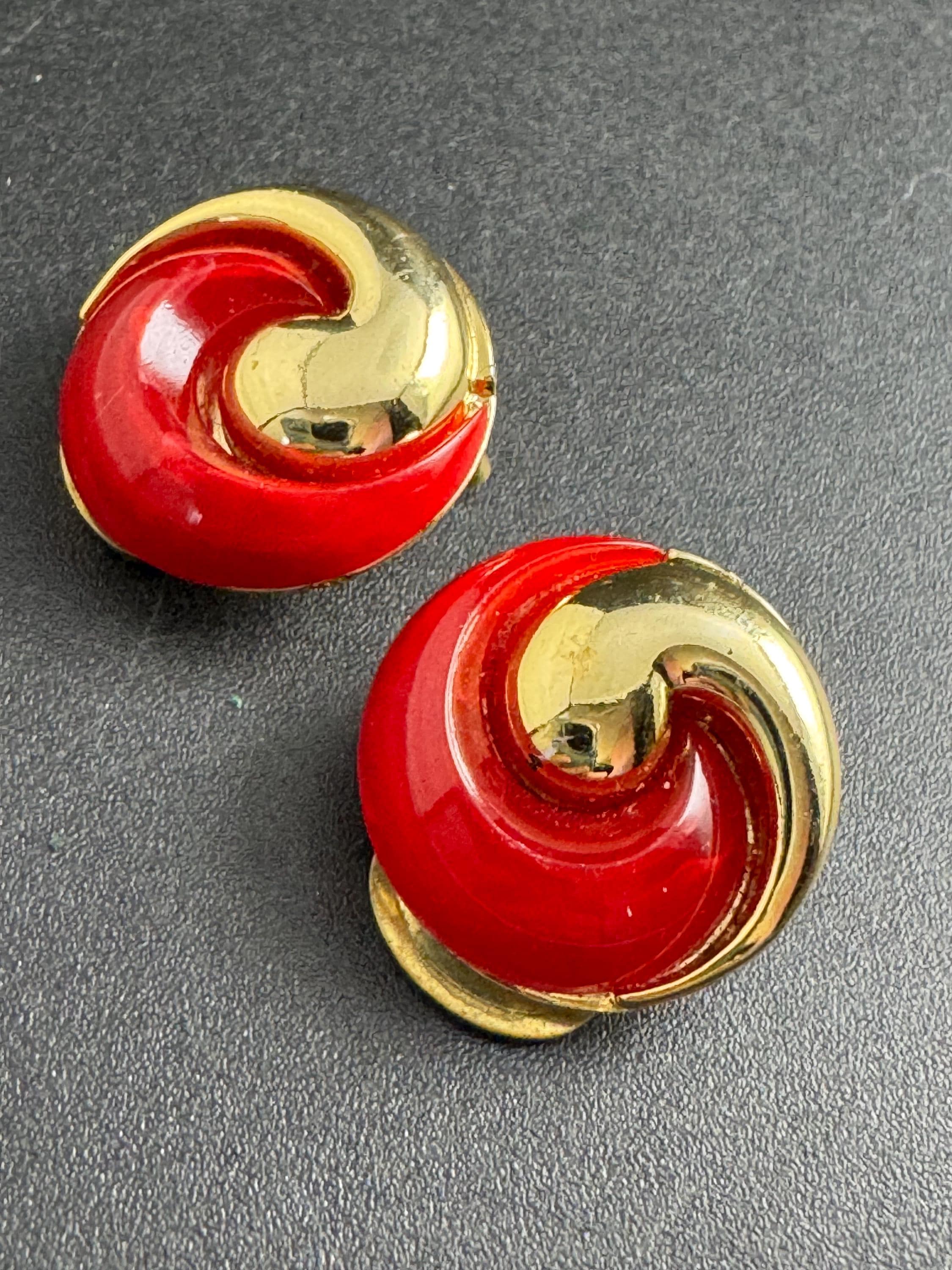 Bright red gold clip on earrings, vintage early plastic swirl