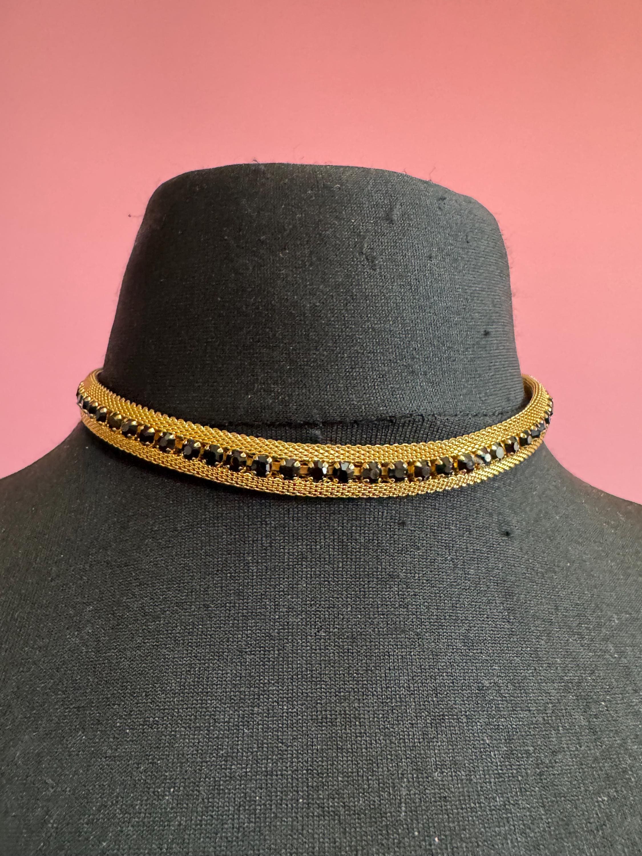 Black rhinestone gold mesh necklace, Vintage gold tone choker 1960s