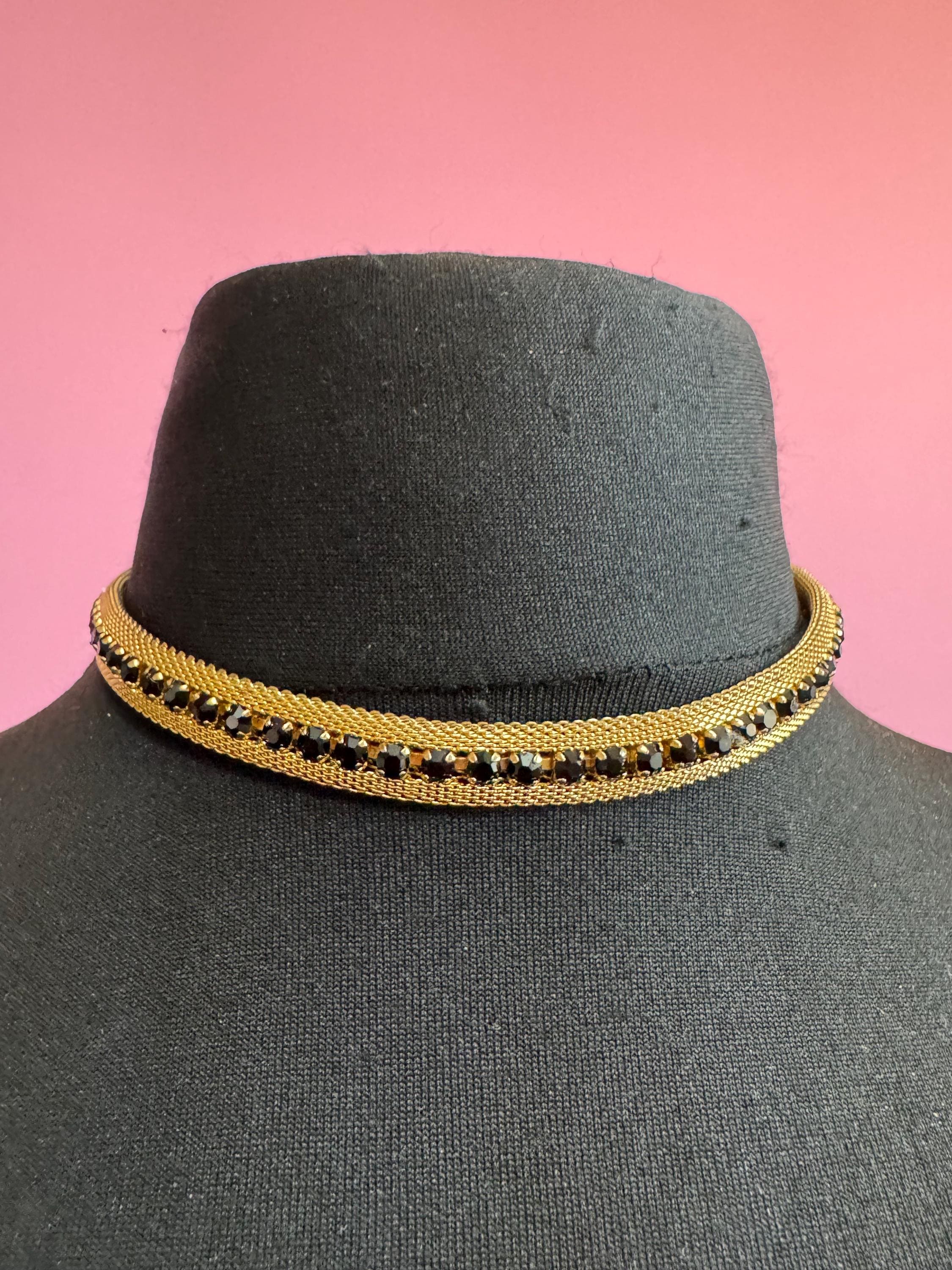 Black rhinestone gold mesh necklace, Vintage gold tone choker 1960s