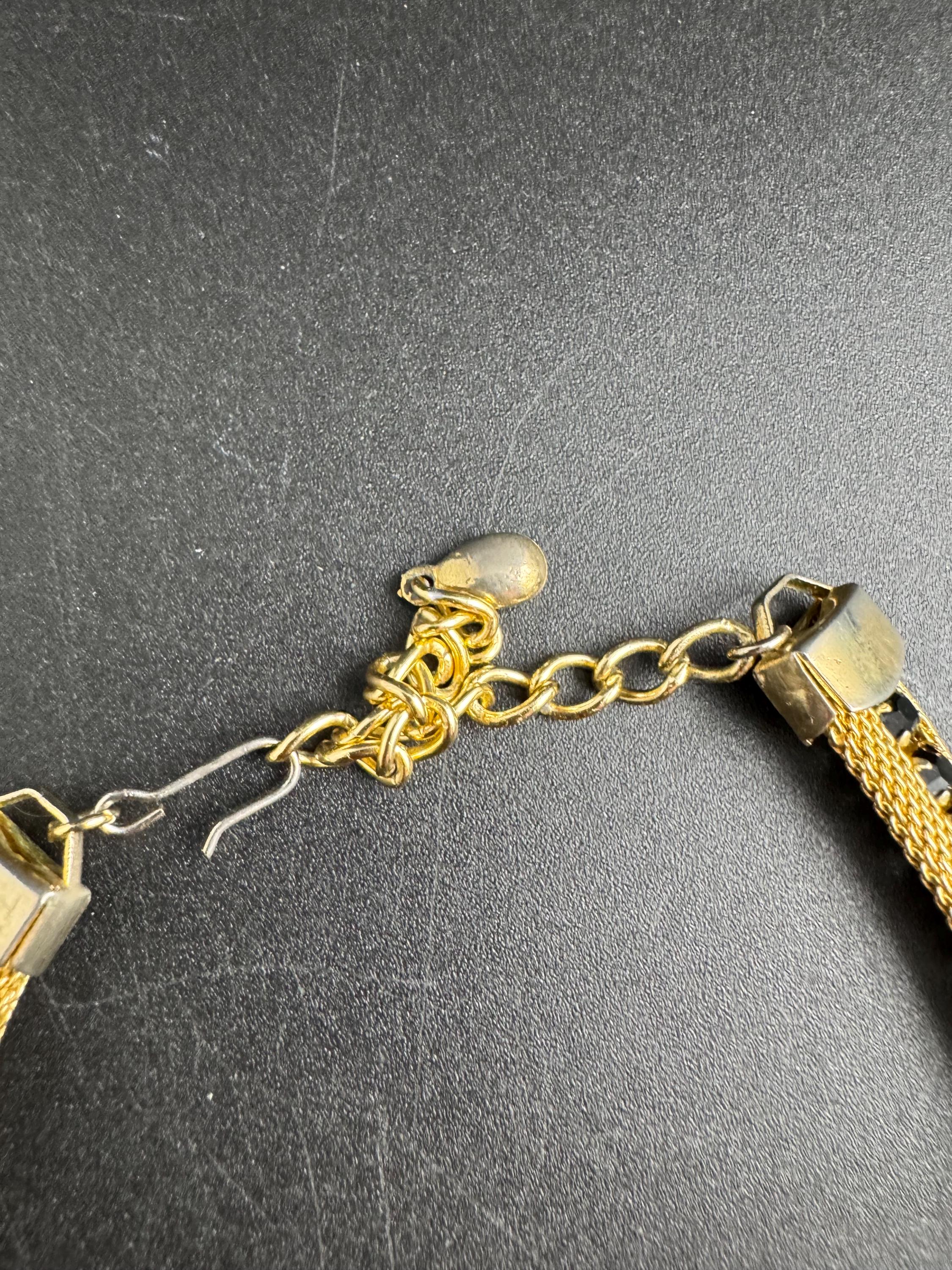 Black rhinestone gold mesh necklace, Vintage gold tone choker 1960s
