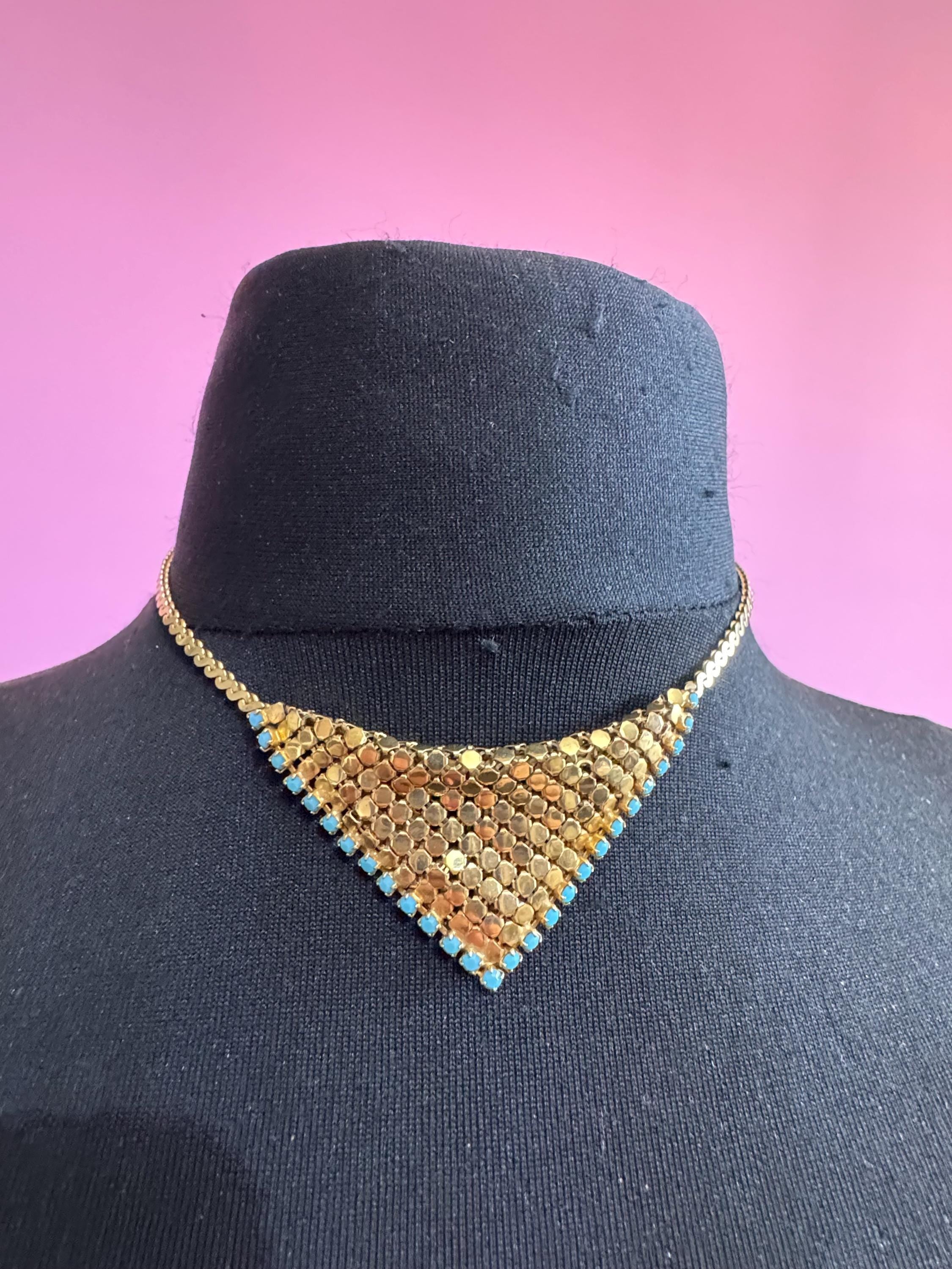 Dainty Turquoise chanmail necklace, Vintage gold mesh drop 1960s