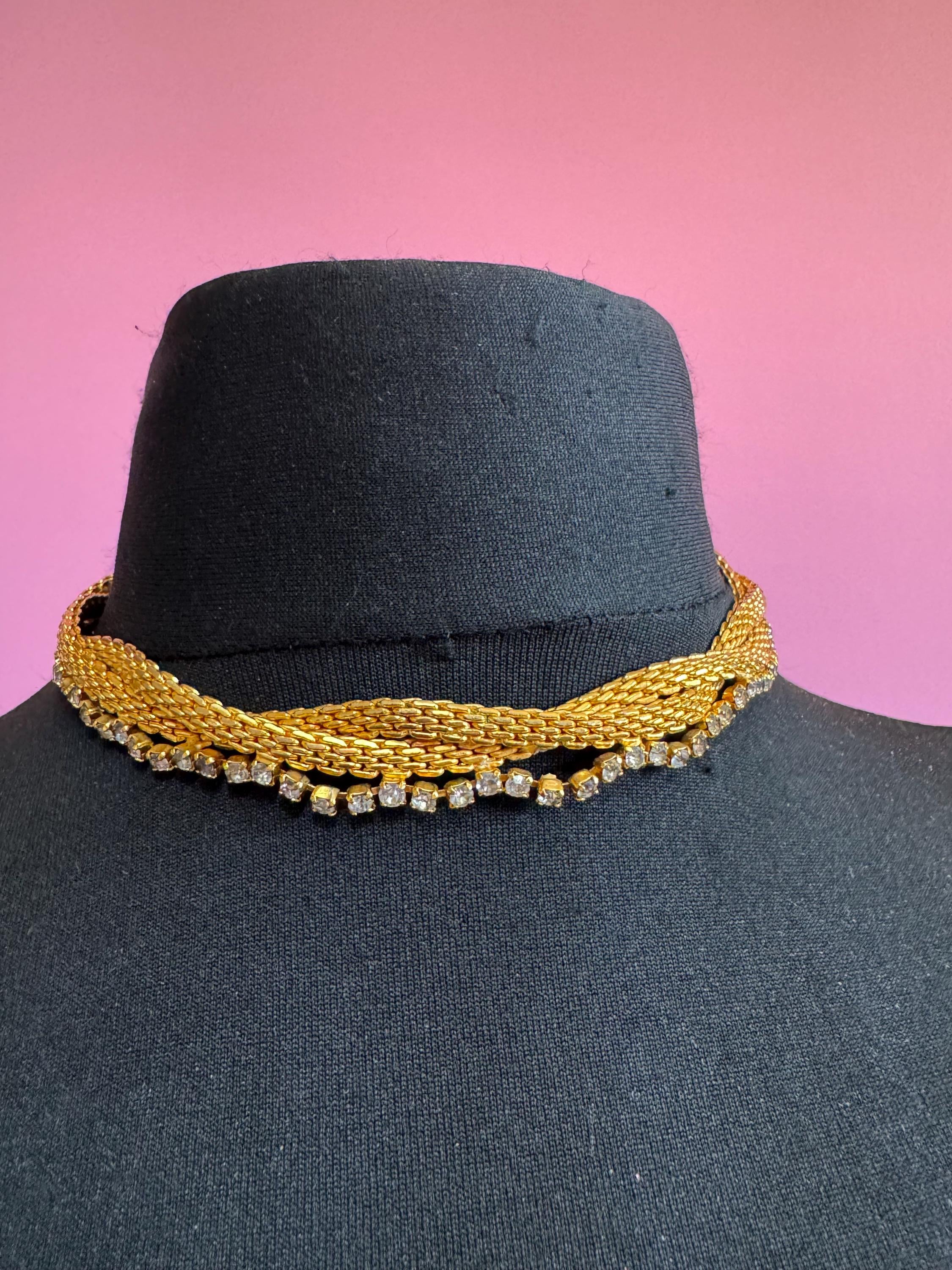 Gold mesh clear rhinestone choker, necklace scalloped vintage