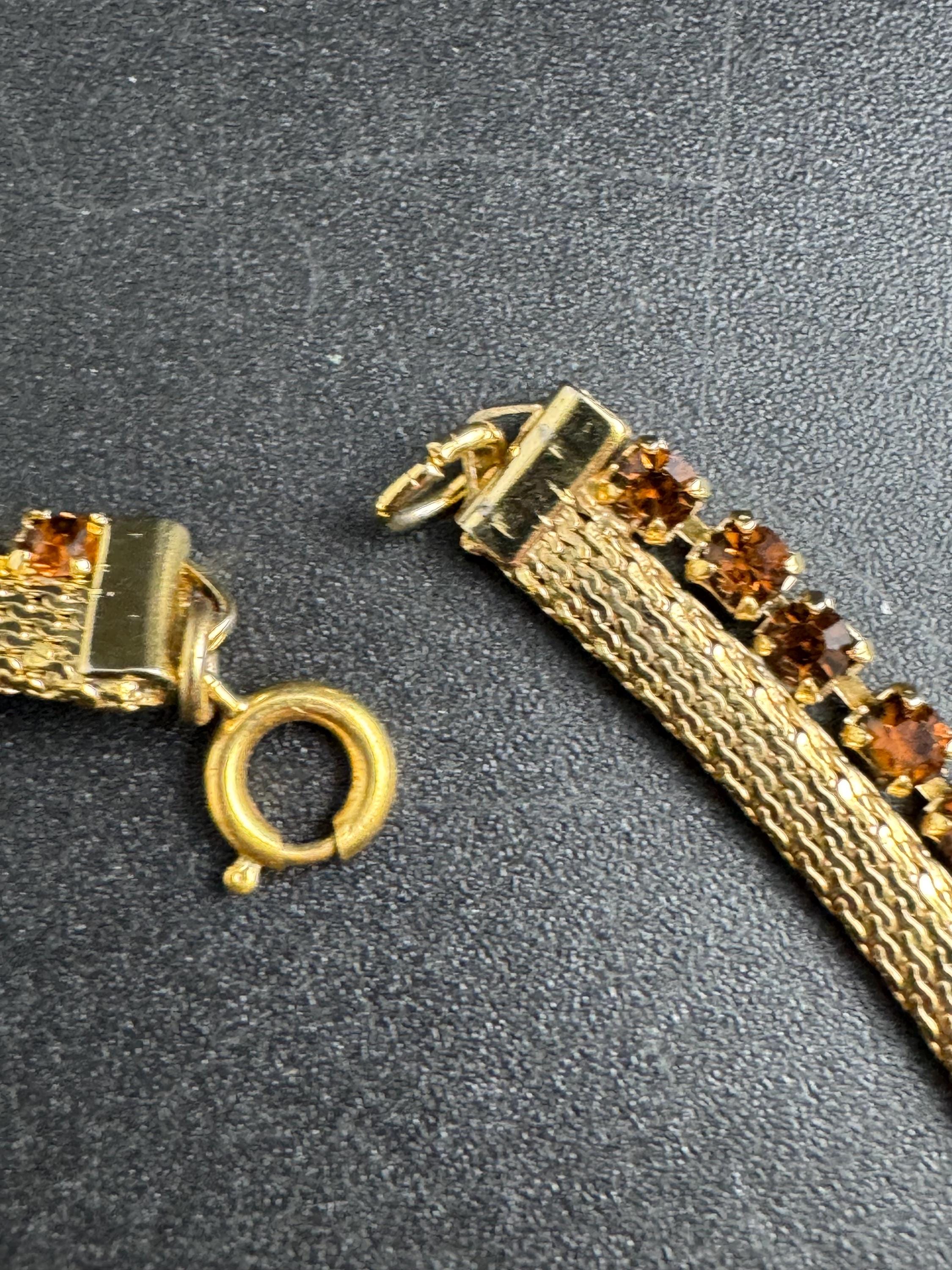 Petite cognac glass gold mesh choker , rhinestone necklace Vintage mid century