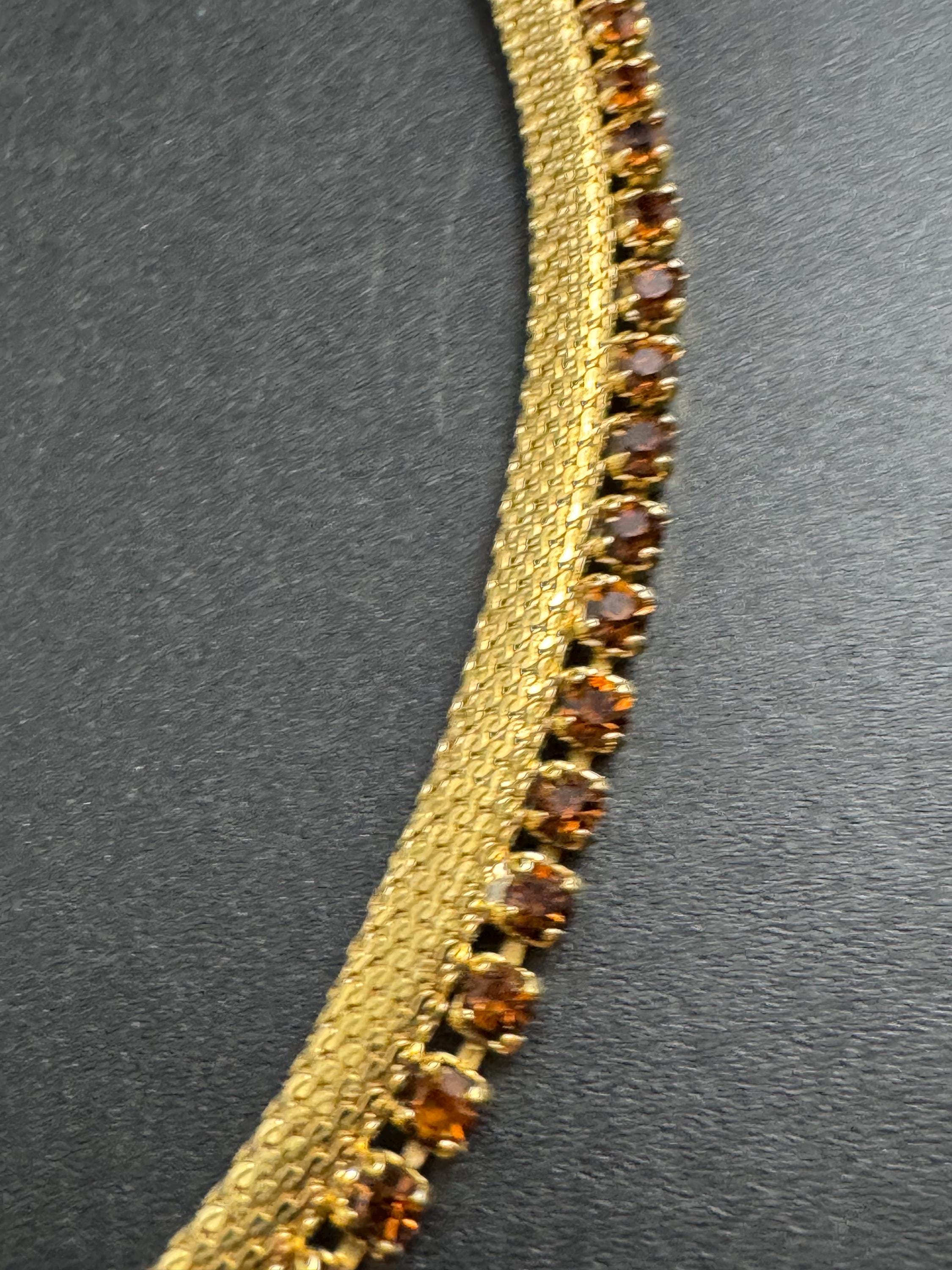 Petite cognac glass gold mesh choker , rhinestone necklace Vintage mid century