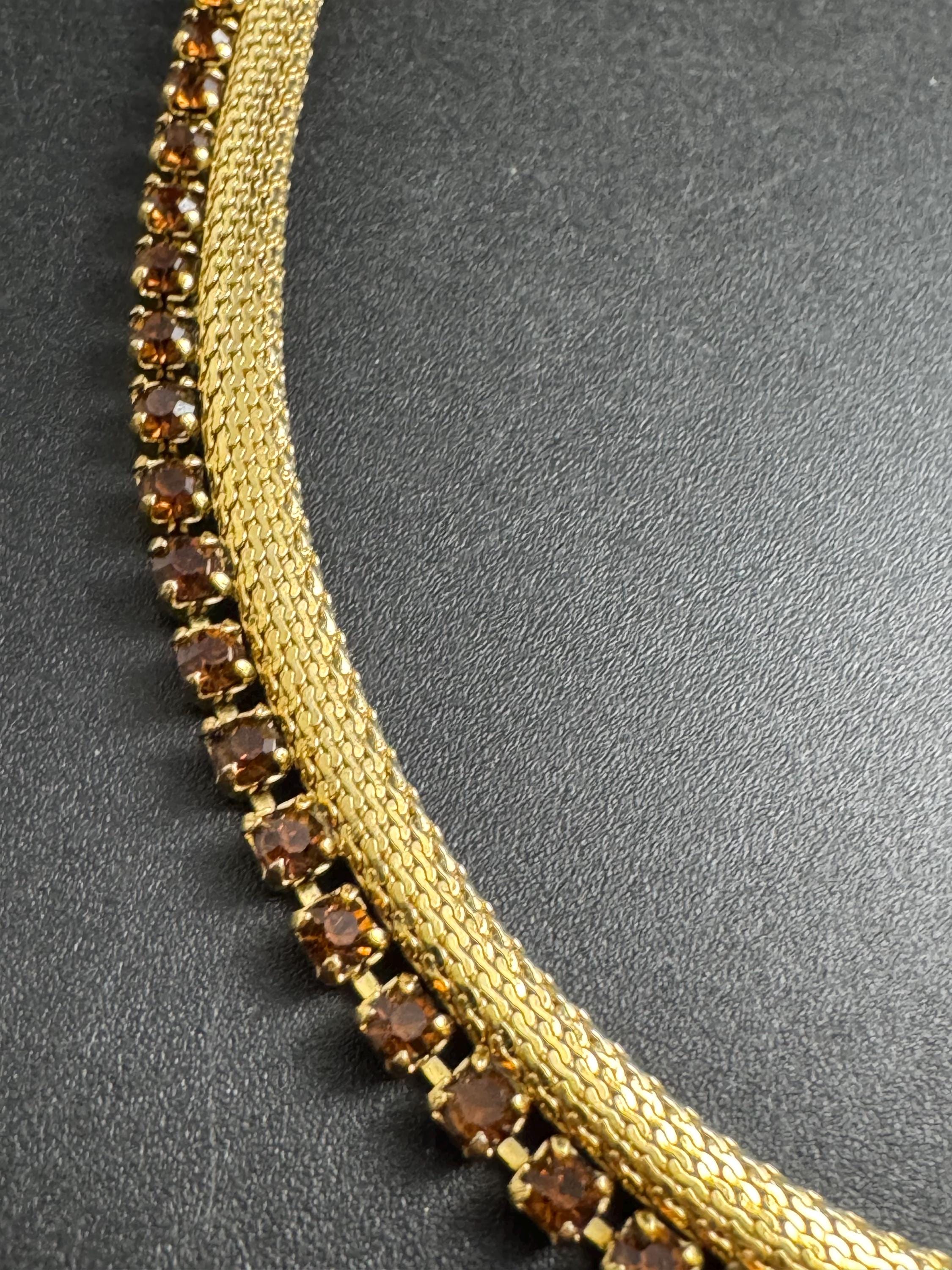 Petite cognac glass gold mesh choker , rhinestone necklace Vintage mid century