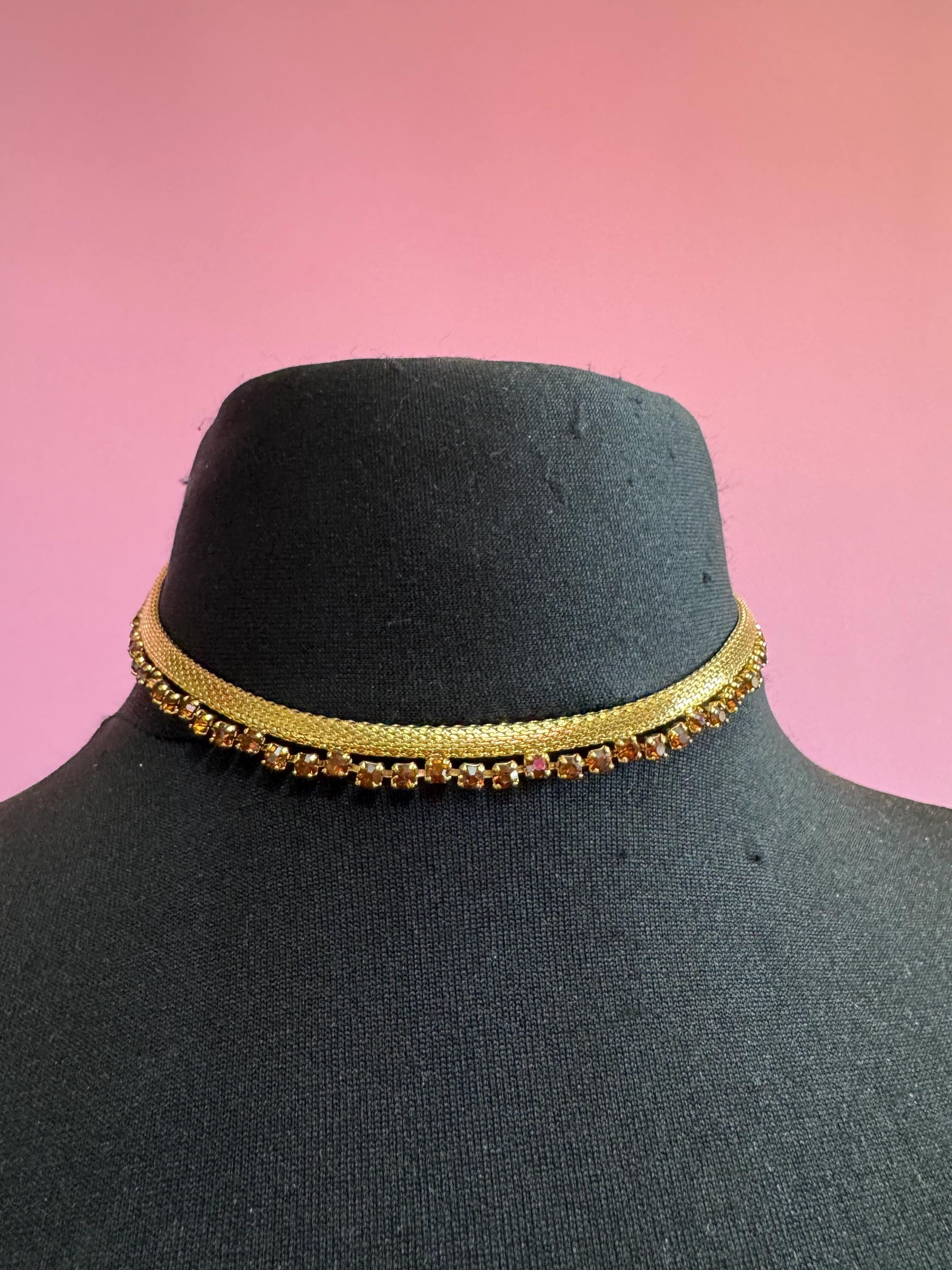 Petite cognac glass gold mesh choker , rhinestone necklace Vintage mid century