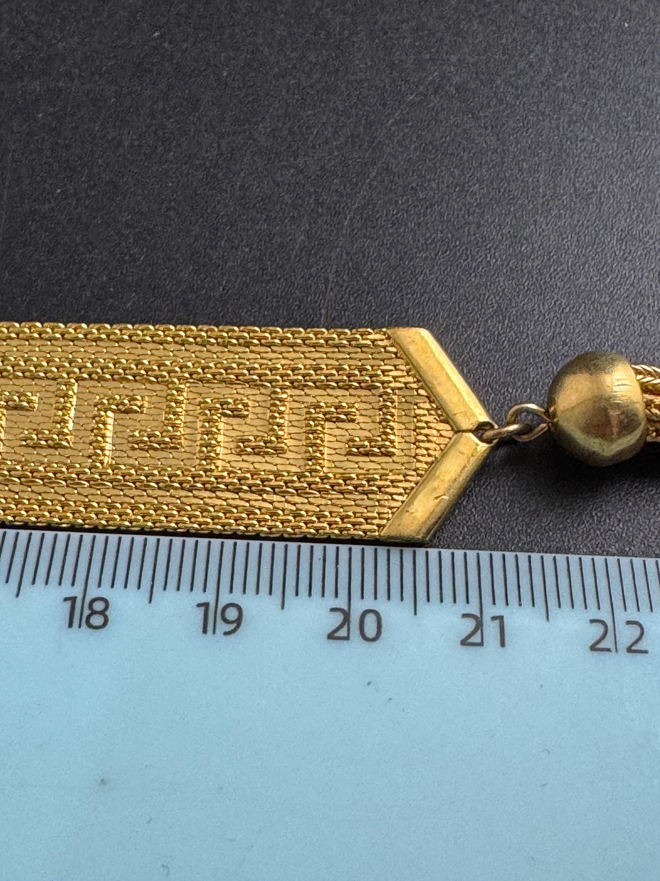 GREEK KEY gold mesh tassel bracelet, turquoise blue cabochons vintage 1970s