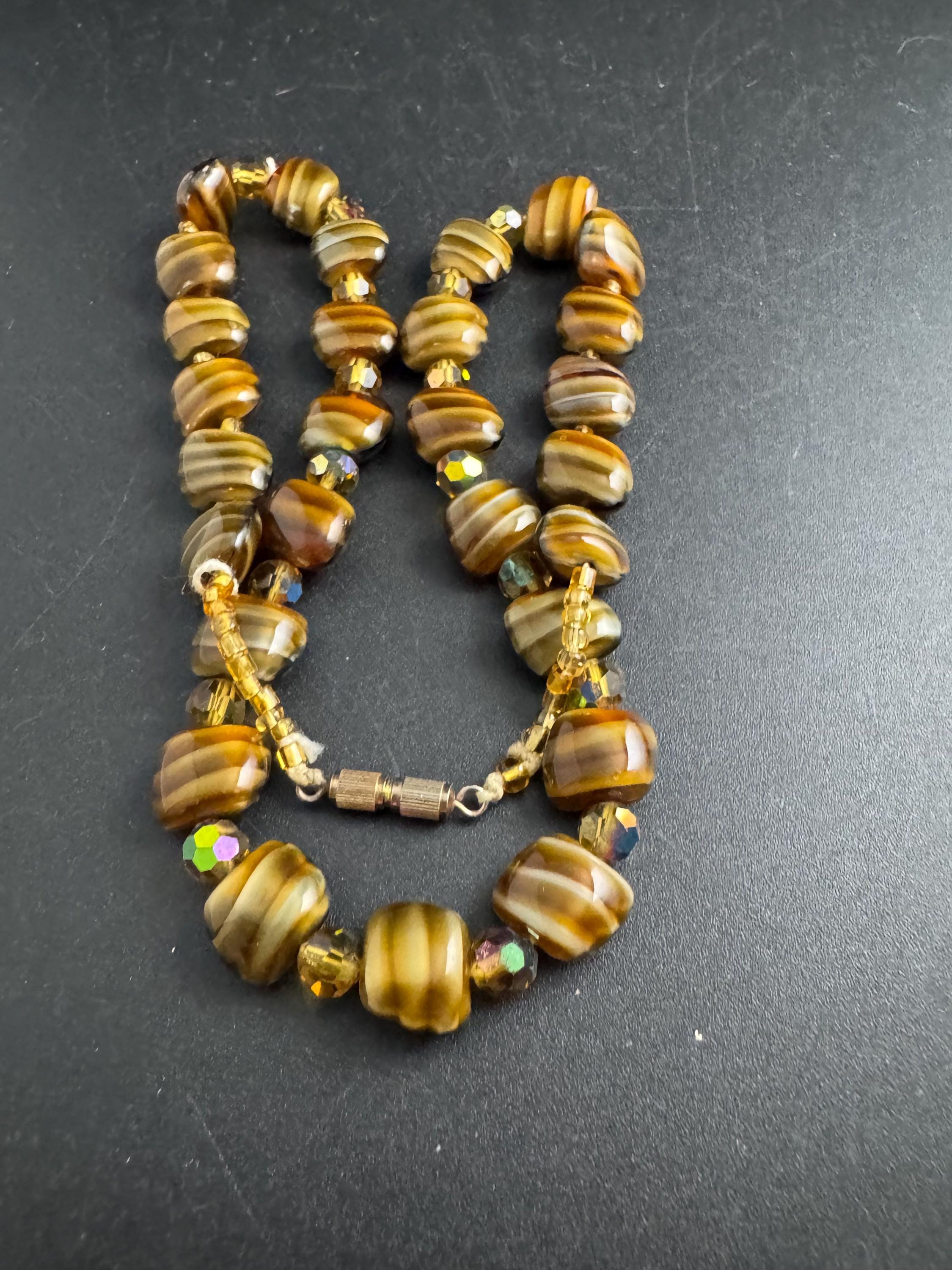 1950s brown marbled glass bead necklace, vintage rainbow AB beaded choker