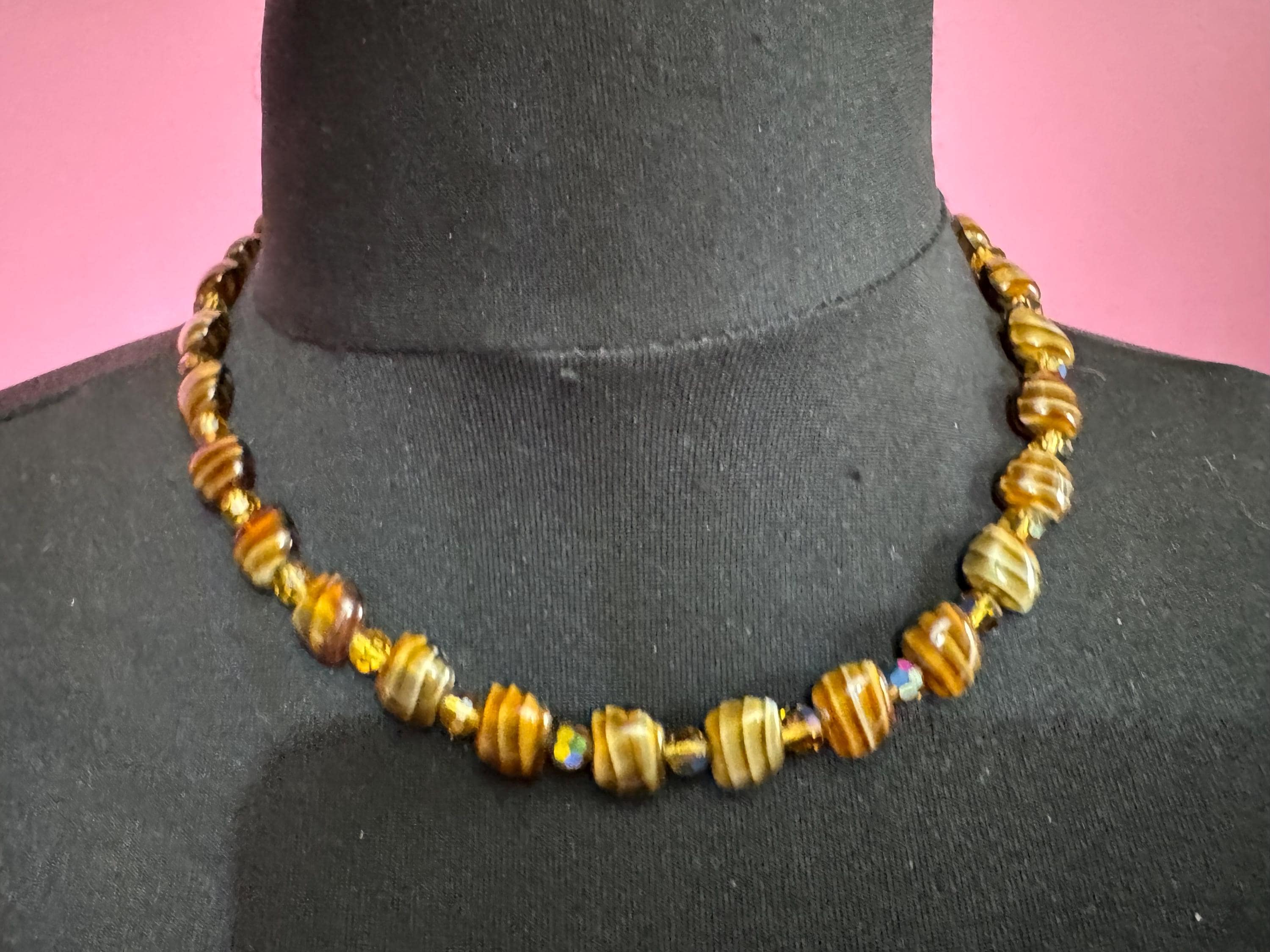1950s brown marbled glass bead necklace, vintage rainbow AB beaded choker