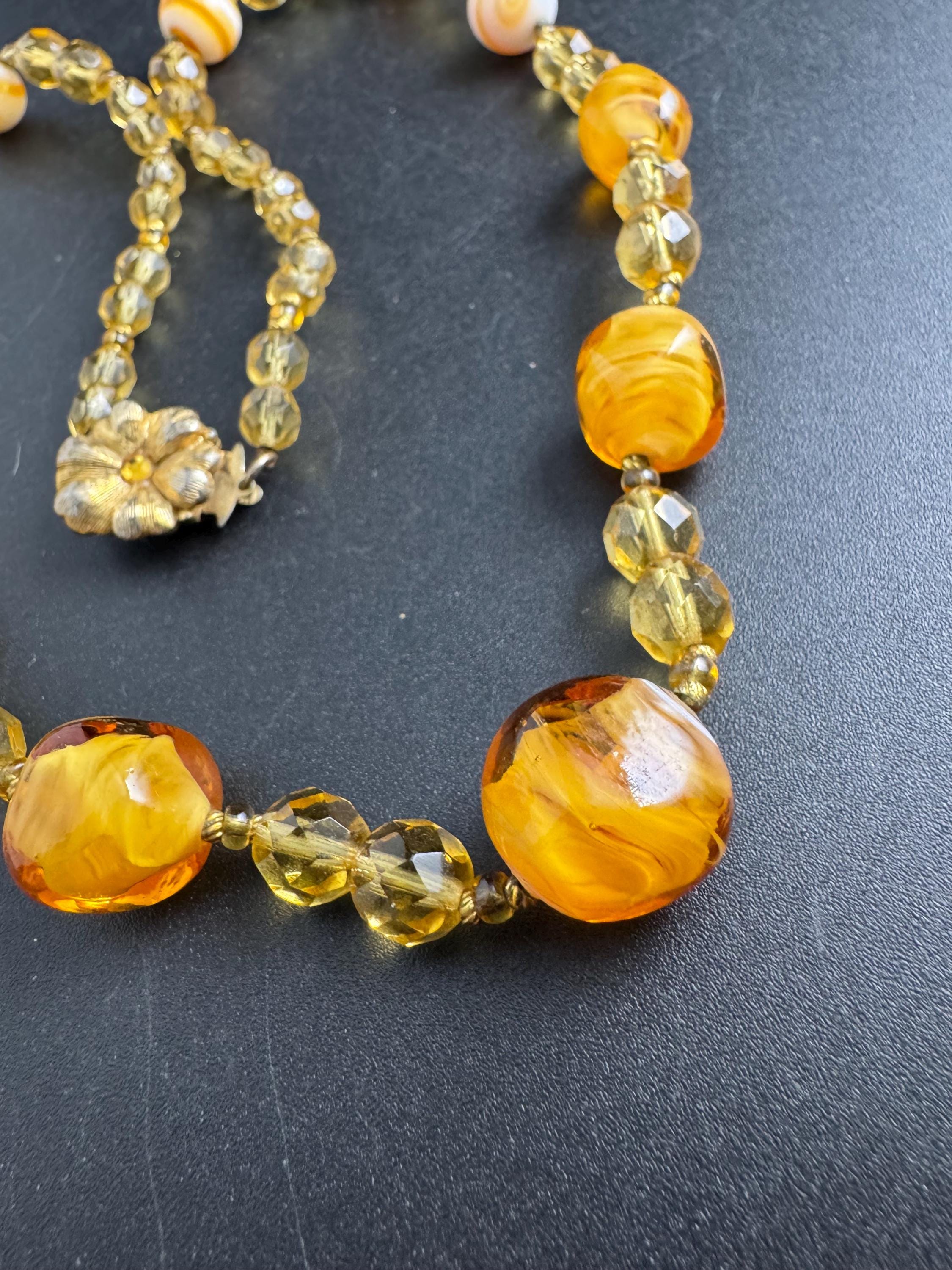 1950s Orange marbled glass beaded necklace, vintage yellow citrine faceted beads