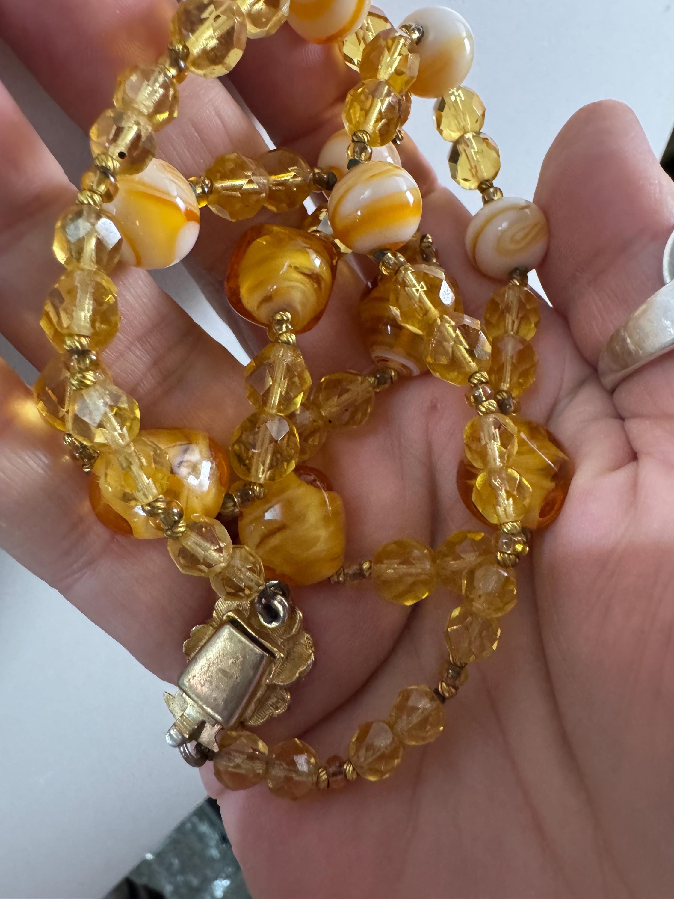 1950s Orange marbled glass beaded necklace, vintage yellow citrine faceted beads