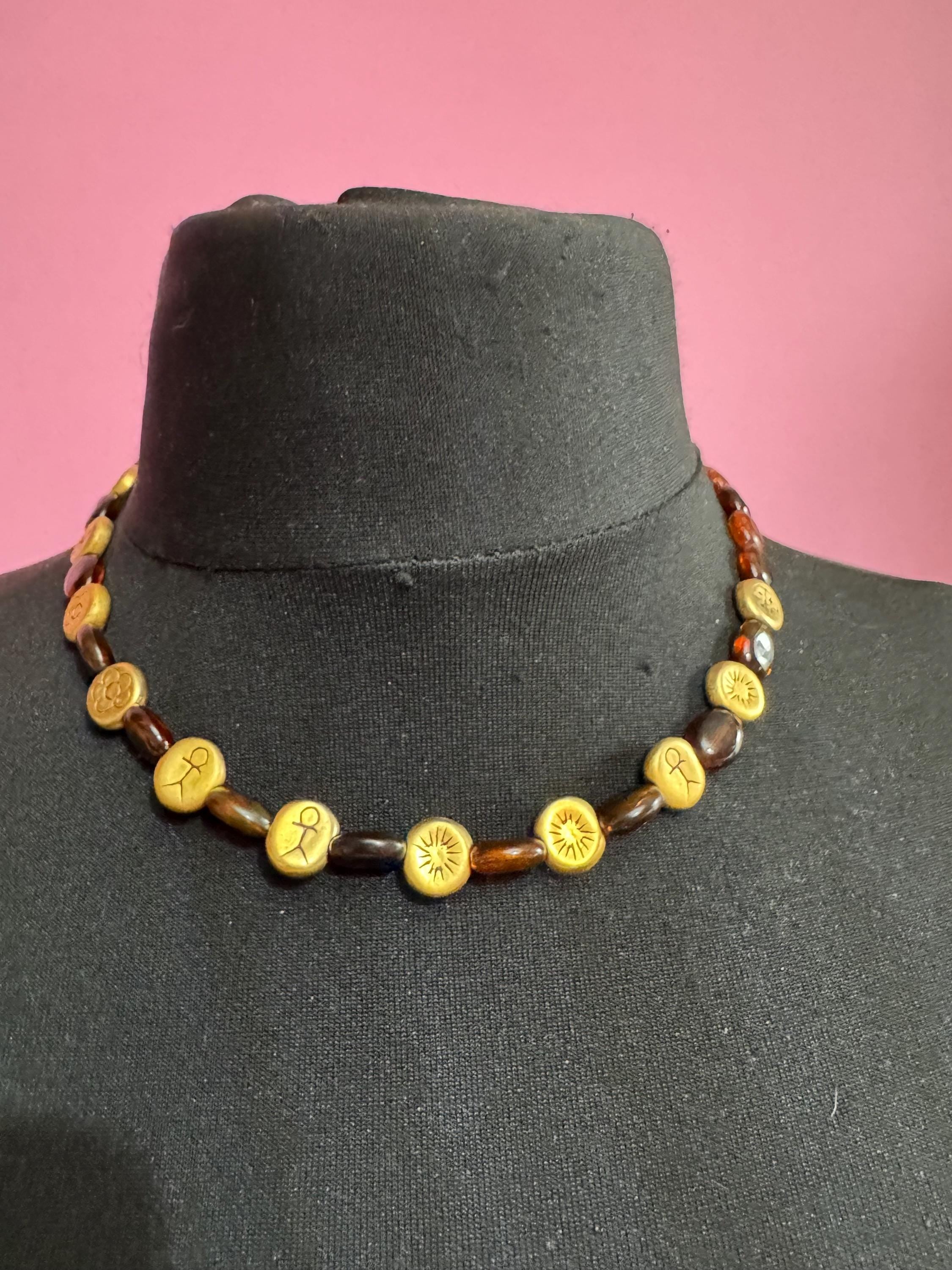 Gold charm bead brown glass necklace, retro beads