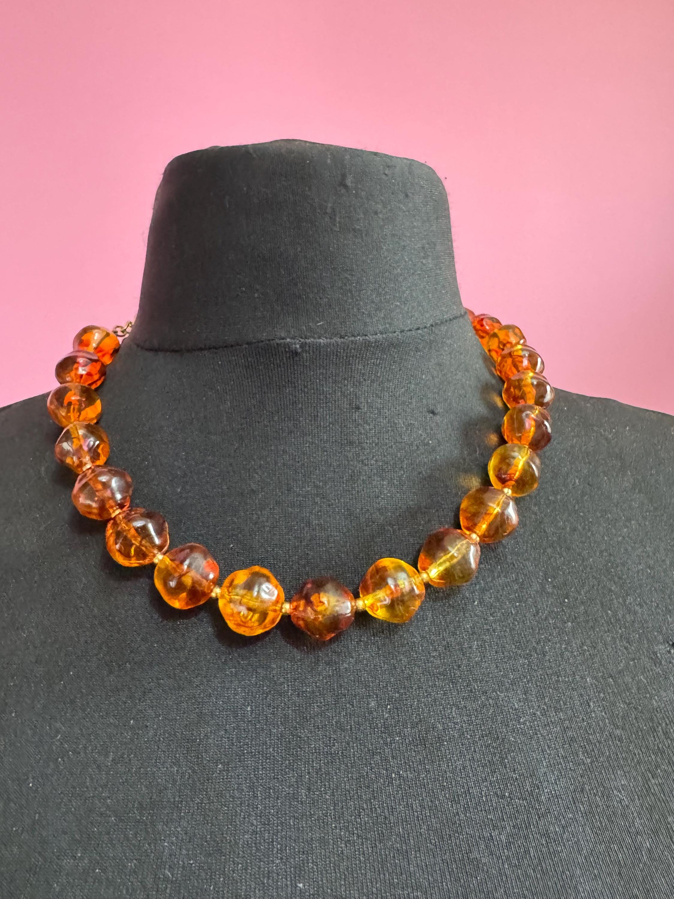 Faux Amber orange brown beaded necklace, chunky plastic beads