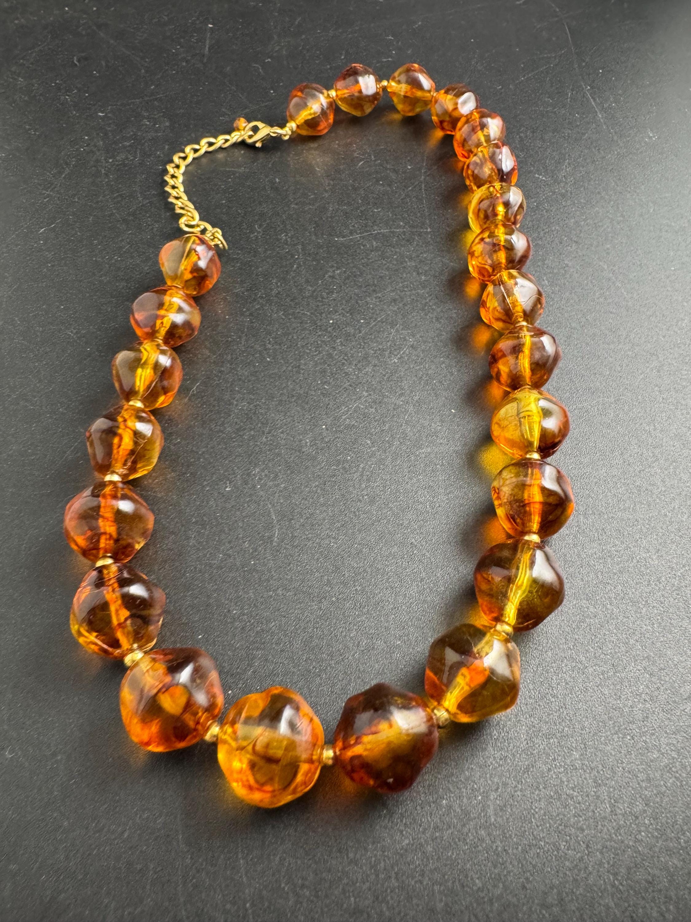 Faux Amber orange brown beaded necklace, chunky plastic beads