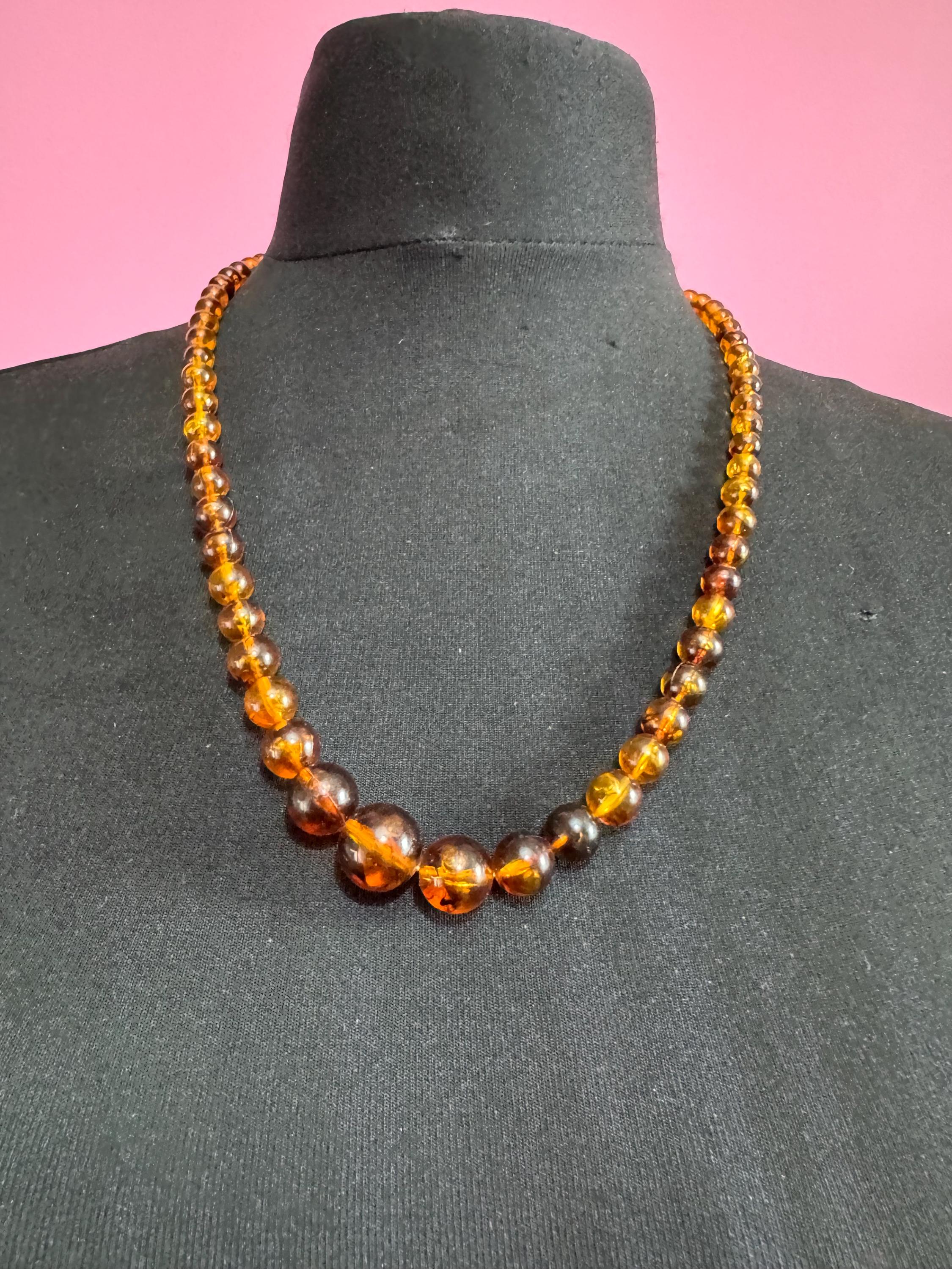 Long Faux Amber orange brown beaded necklace, plastic beads