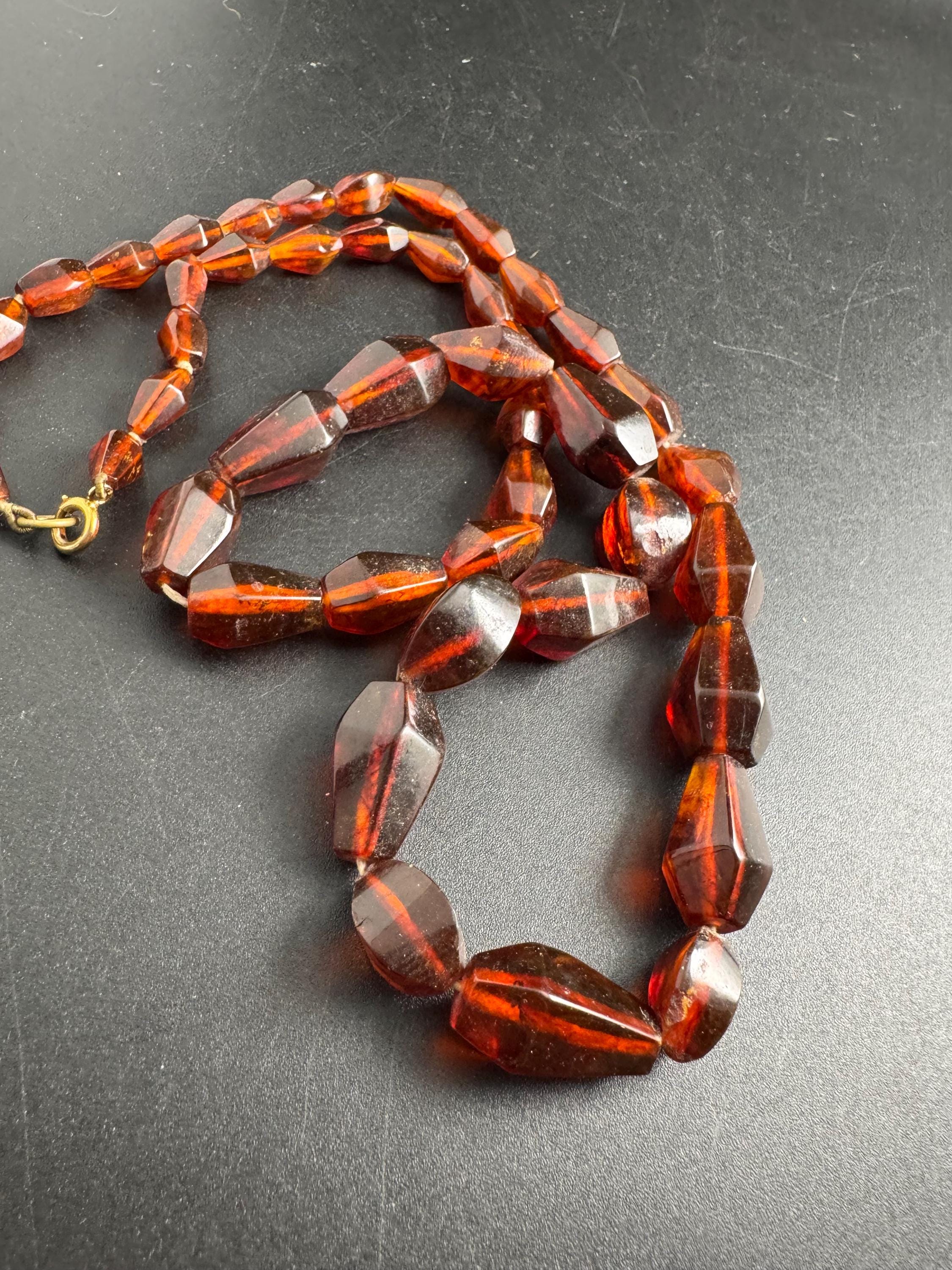 Long Faux Amber orange brown beaded necklace, plastic beads