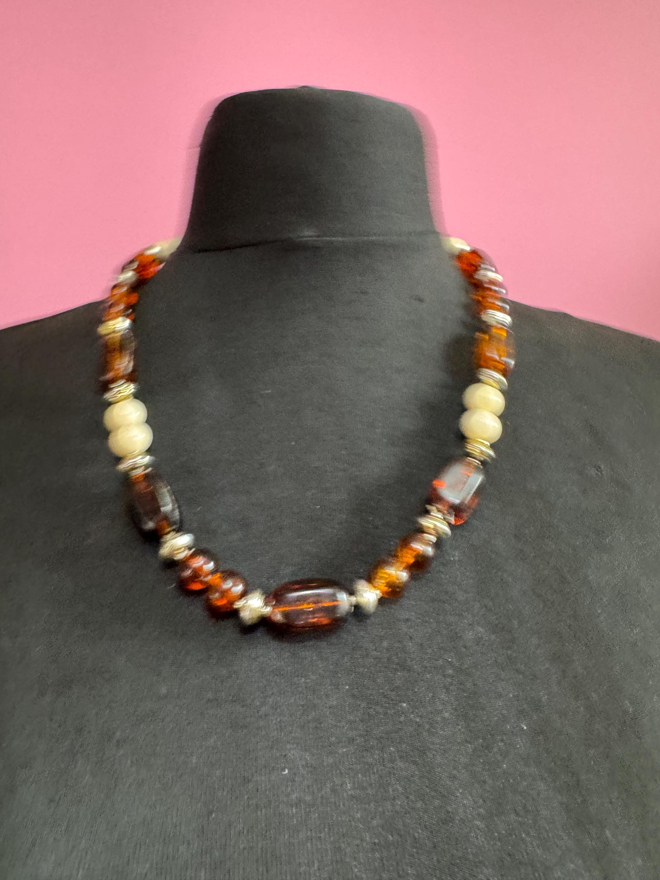 Faux tortoiseshell brown cream necklace, plastic beads