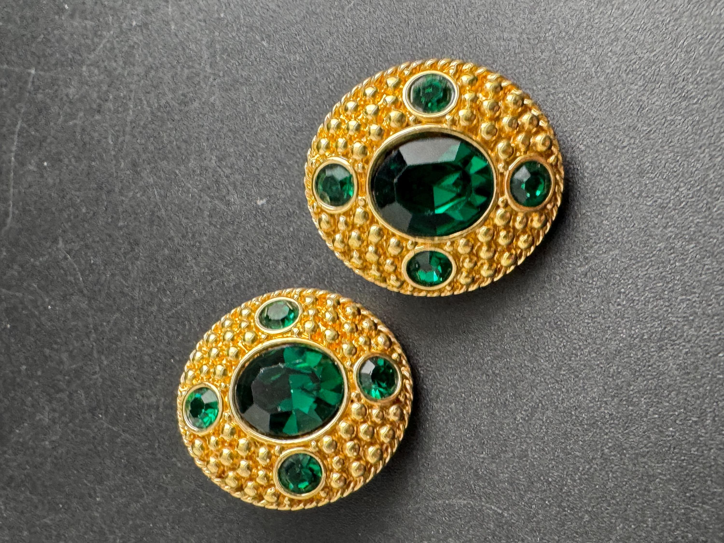 Swarovski emerald Etruscan stud earrings, Signed gold plated crystals