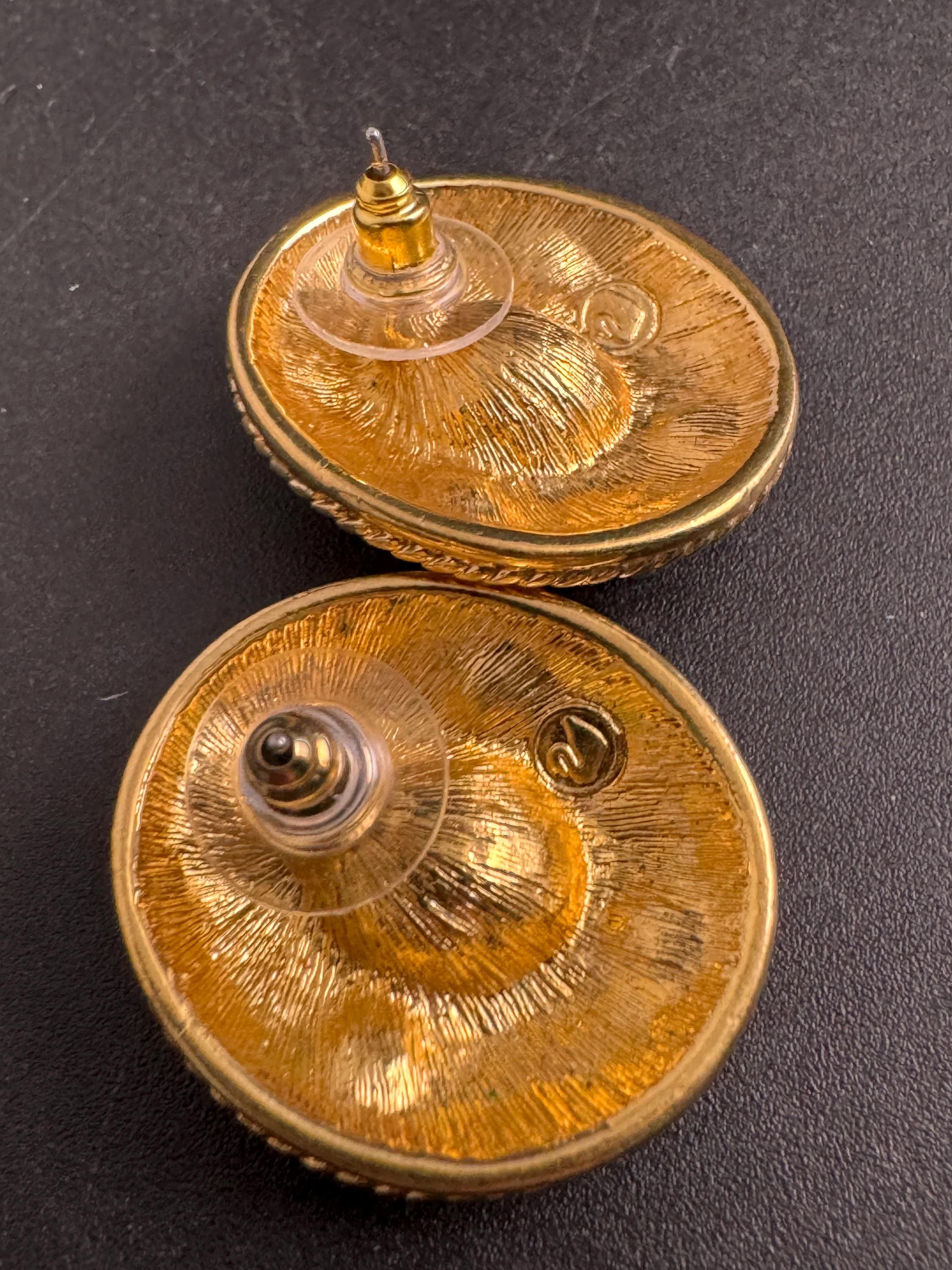 Swarovski emerald Etruscan stud earrings, Signed gold plated crystals