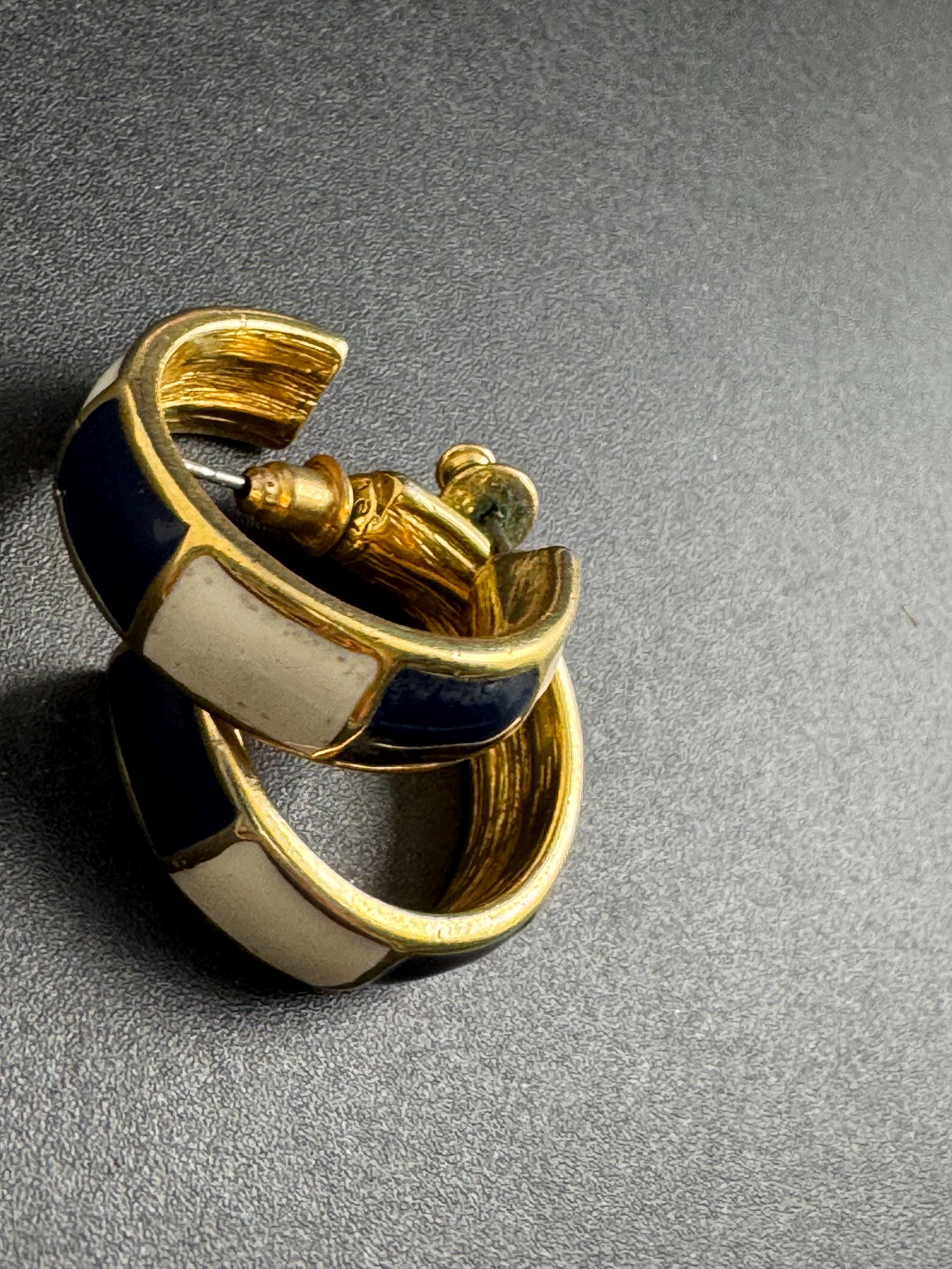 Black and cream Hoop pierced earrings, Signed MONET enamel