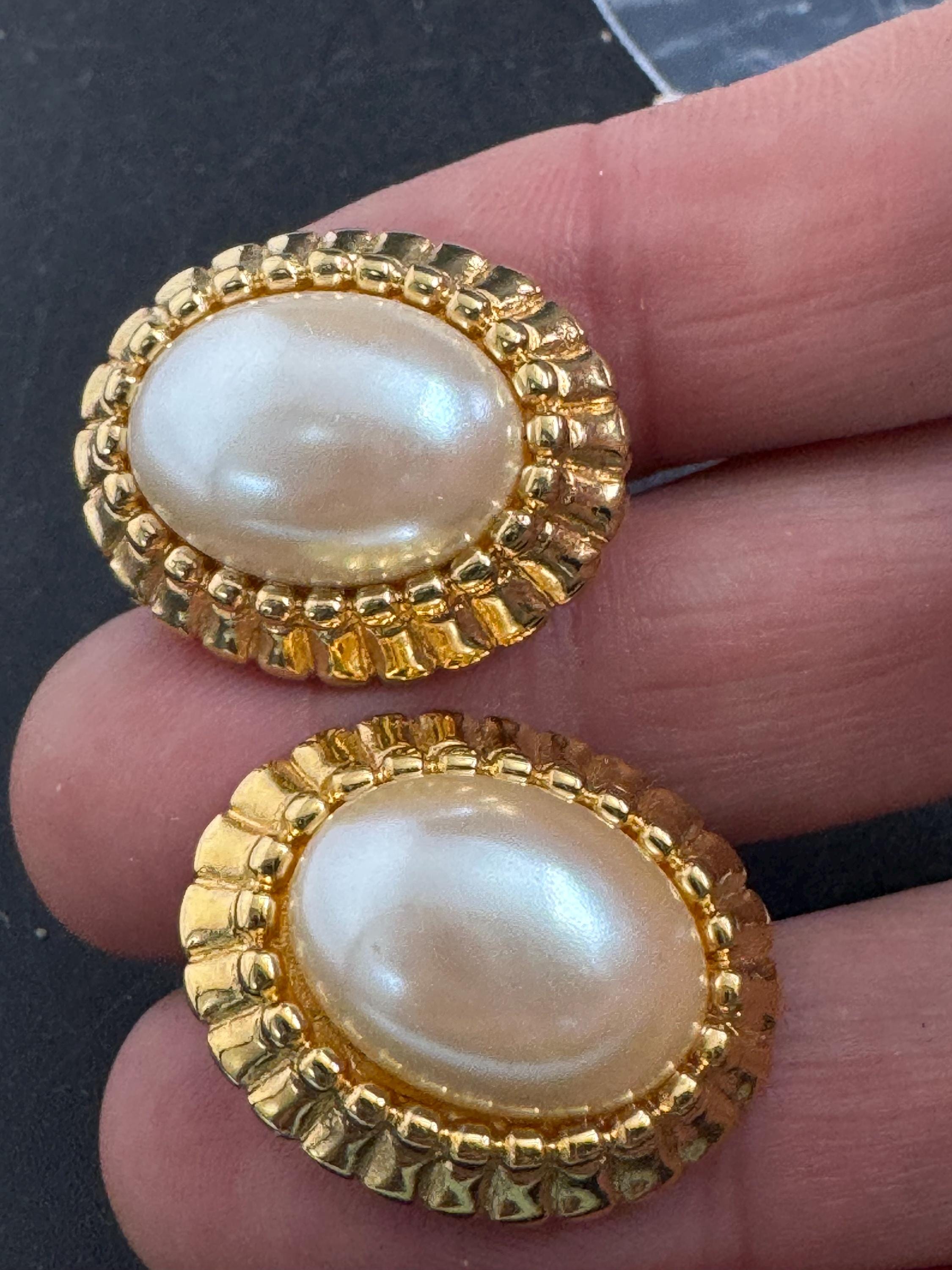 Monet Pearl oval Clip On Earrings: 22ct Gold Plated, signed and vintage
