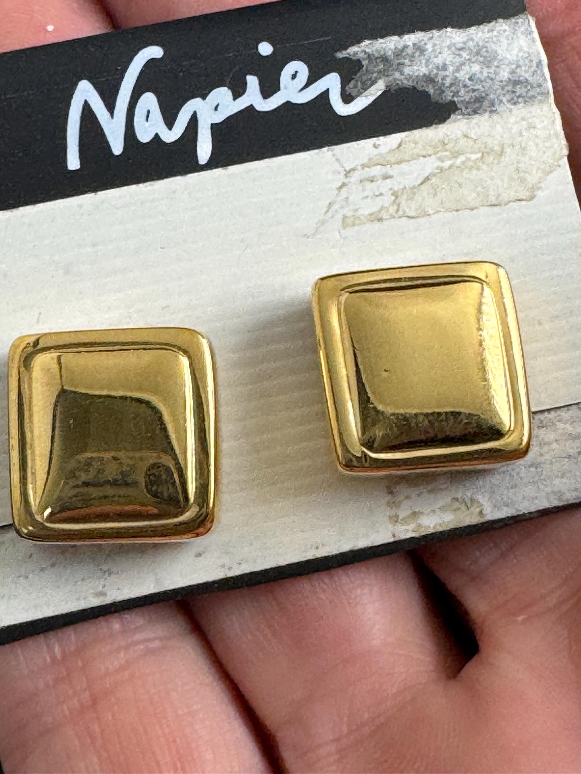 Napier square clip on stud earrings, Vintage 1980s gold plated