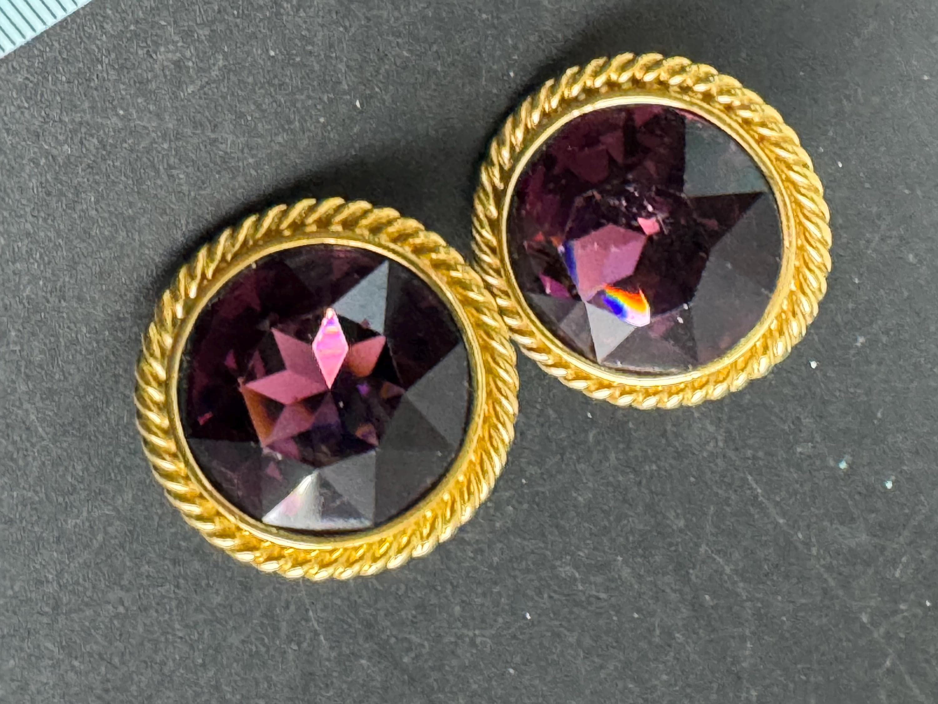 XL NAPIER purple rhinestone clip on earrings, Vintage rope edge 3.5cm