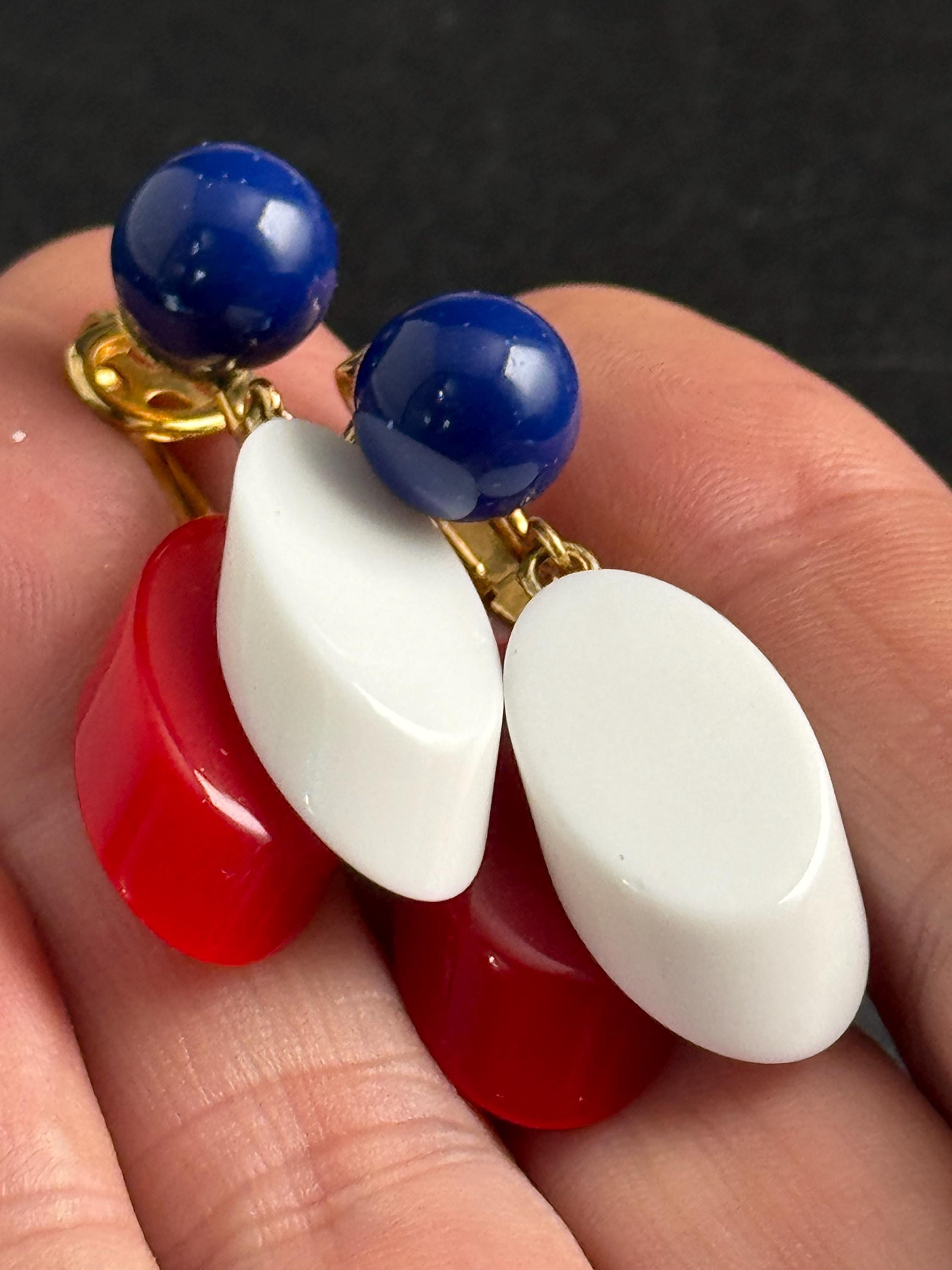 Vintage Trifari plastic clip on earrings, red white and blue dangly USA signed