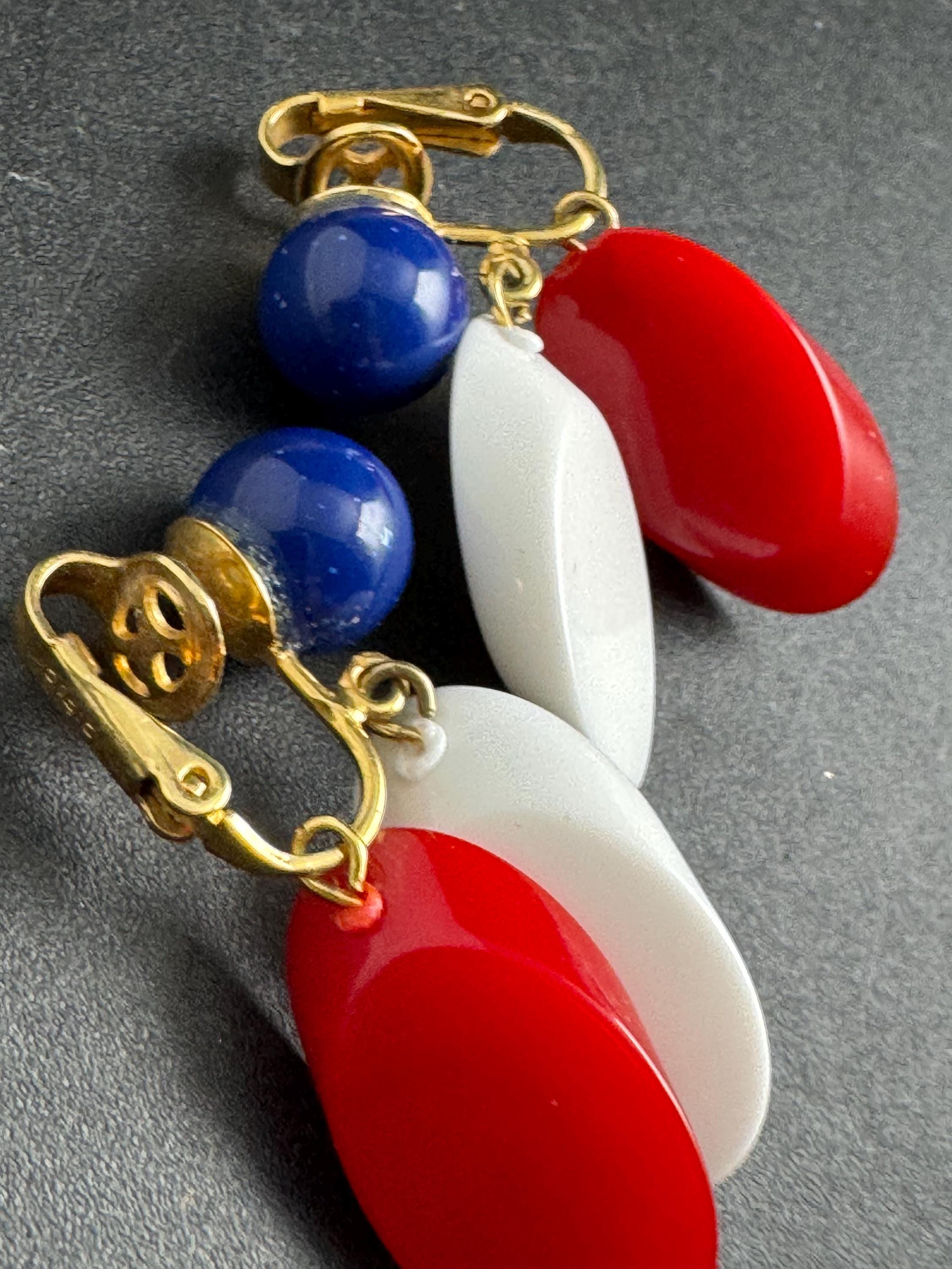 Vintage Trifari plastic clip on earrings, red white and blue dangly USA signed