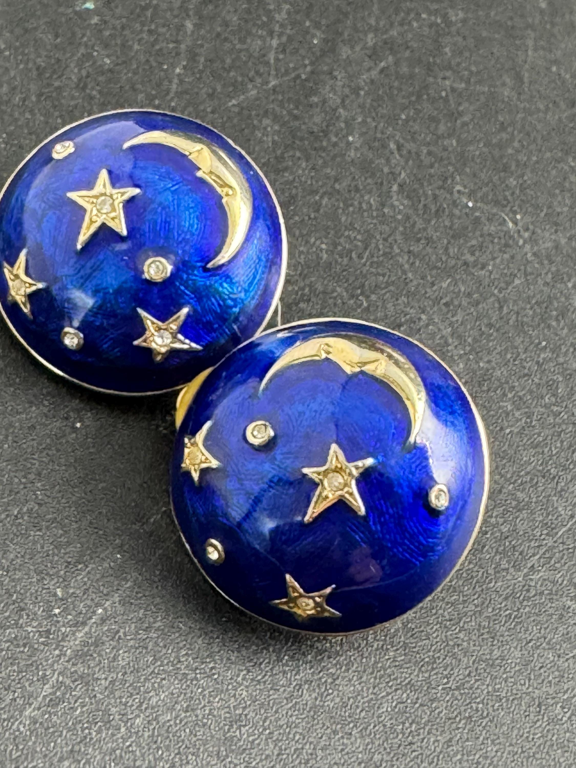 Cabouchon blue star clip on Earrings: Gold plated moon and stars
