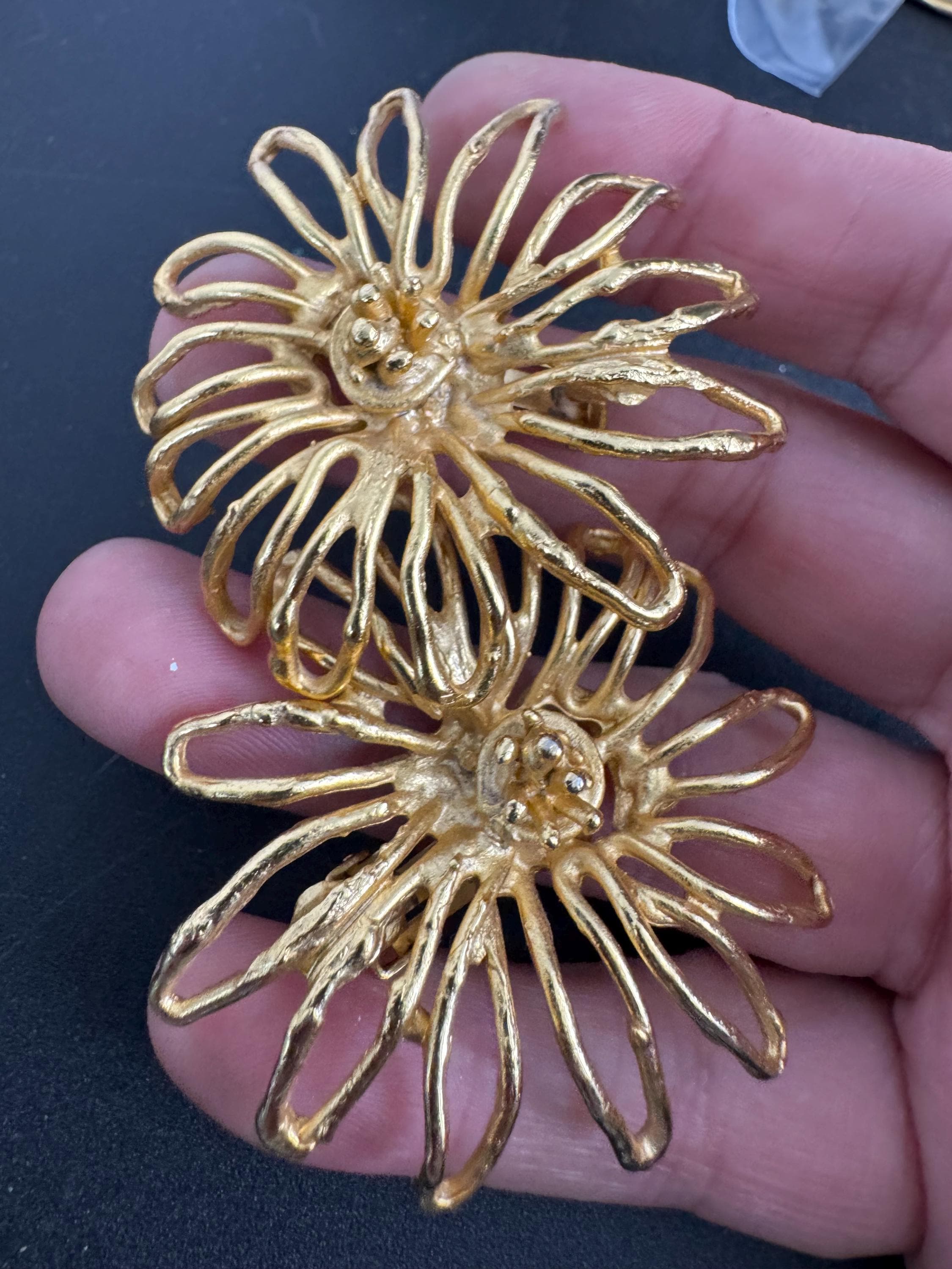 ORENA Paris gold clip on earrings, oversized big flowers