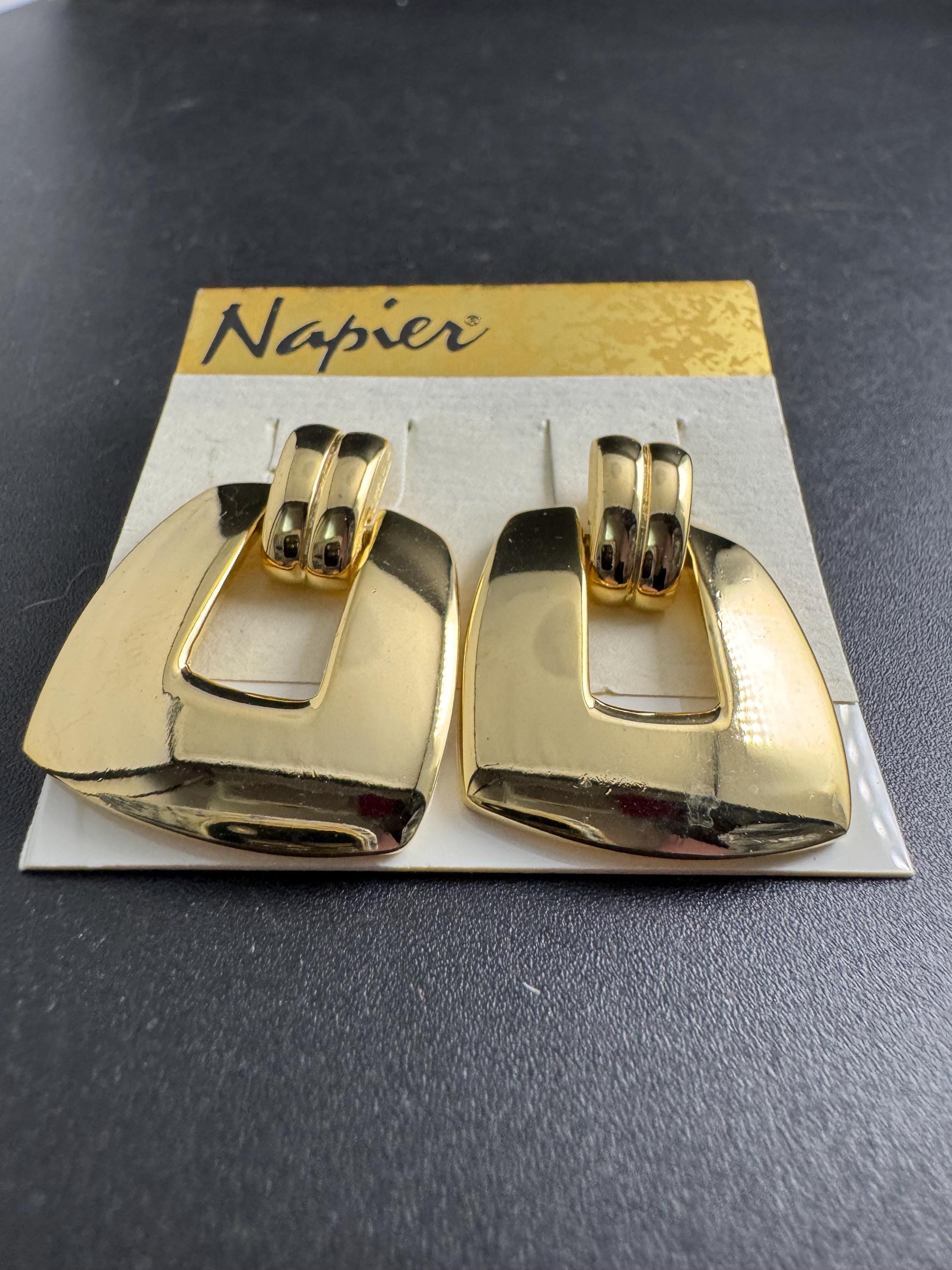 NAPIER door knocker earrings, signed vintage and heavy gold plated for pierced ears, designer