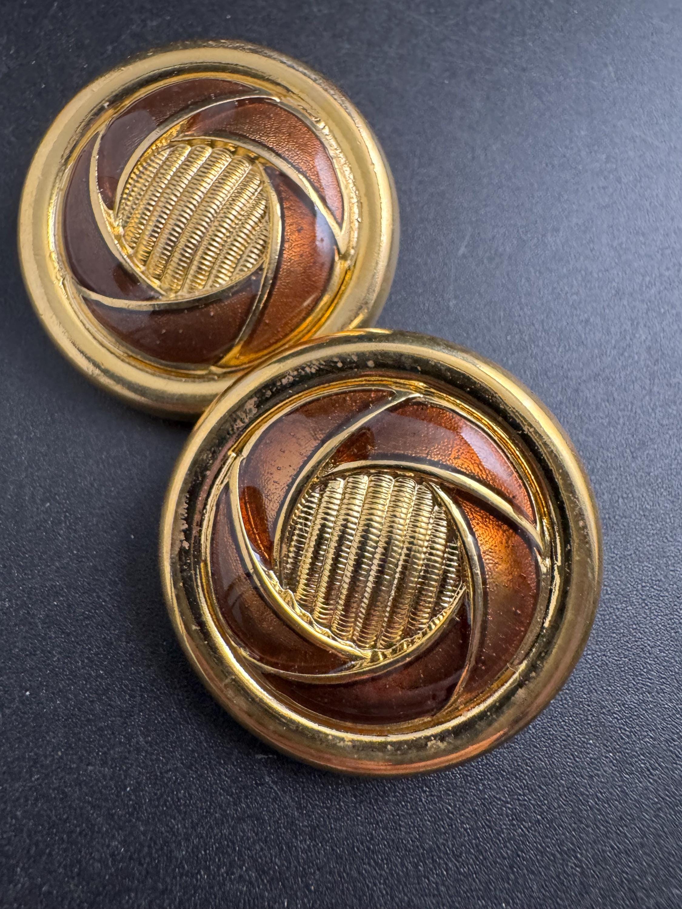 Vintage French Clip On Earrings: brown Enamel Gold Tone, 1960s
