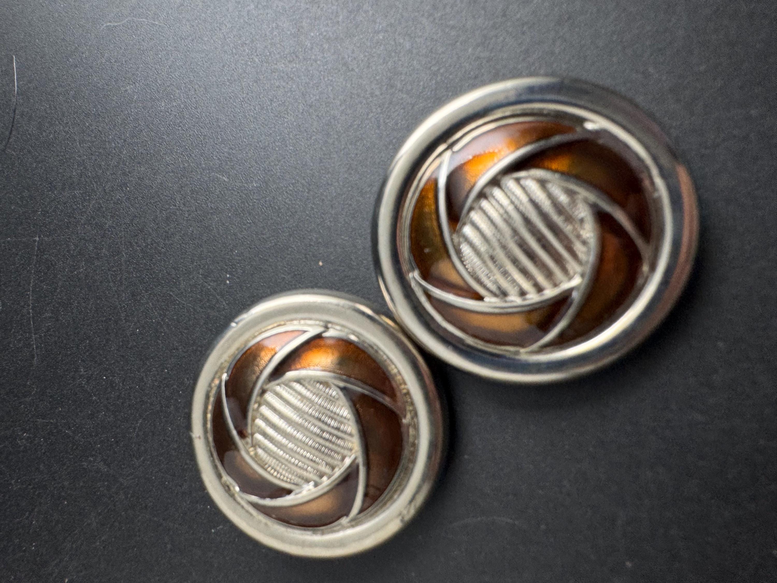 French Brown Enamel Clip On Earrings, silver tone 1960s Vintage