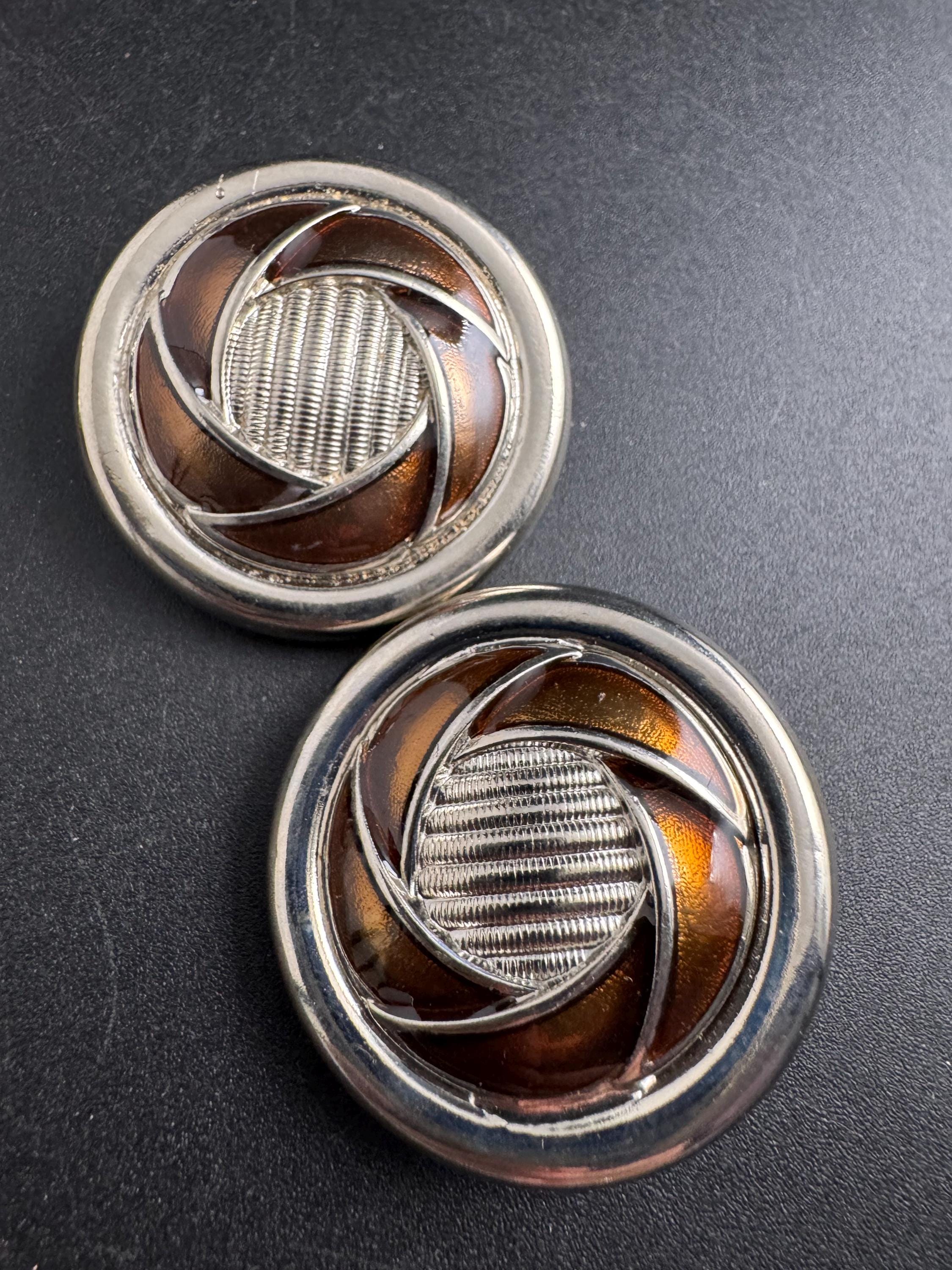 French Brown Enamel Clip On Earrings, silver tone 1960s Vintage