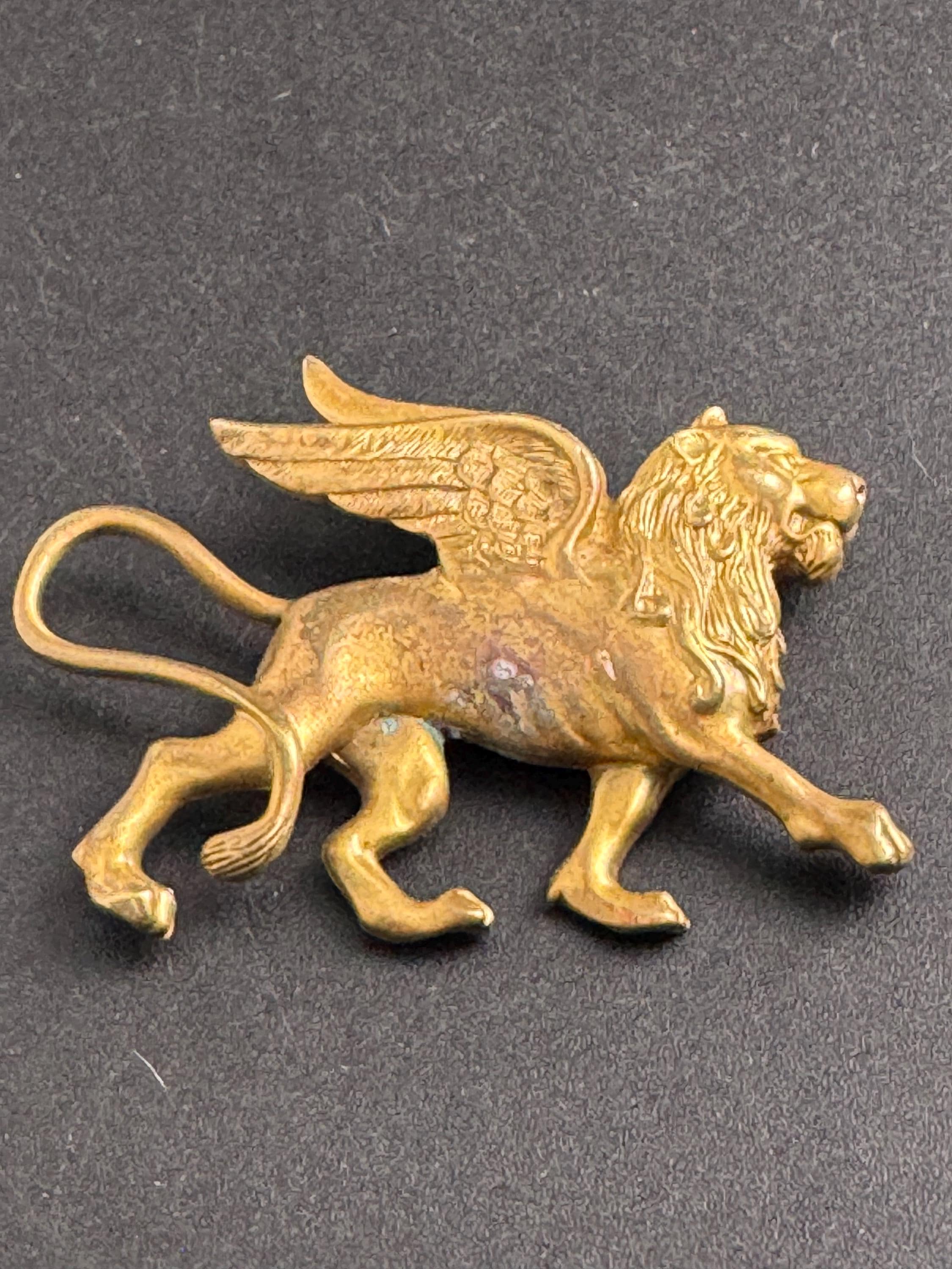 Newport RI Preservation Society brooch, Antiqued Goldtone Winged Lion Griffin pin