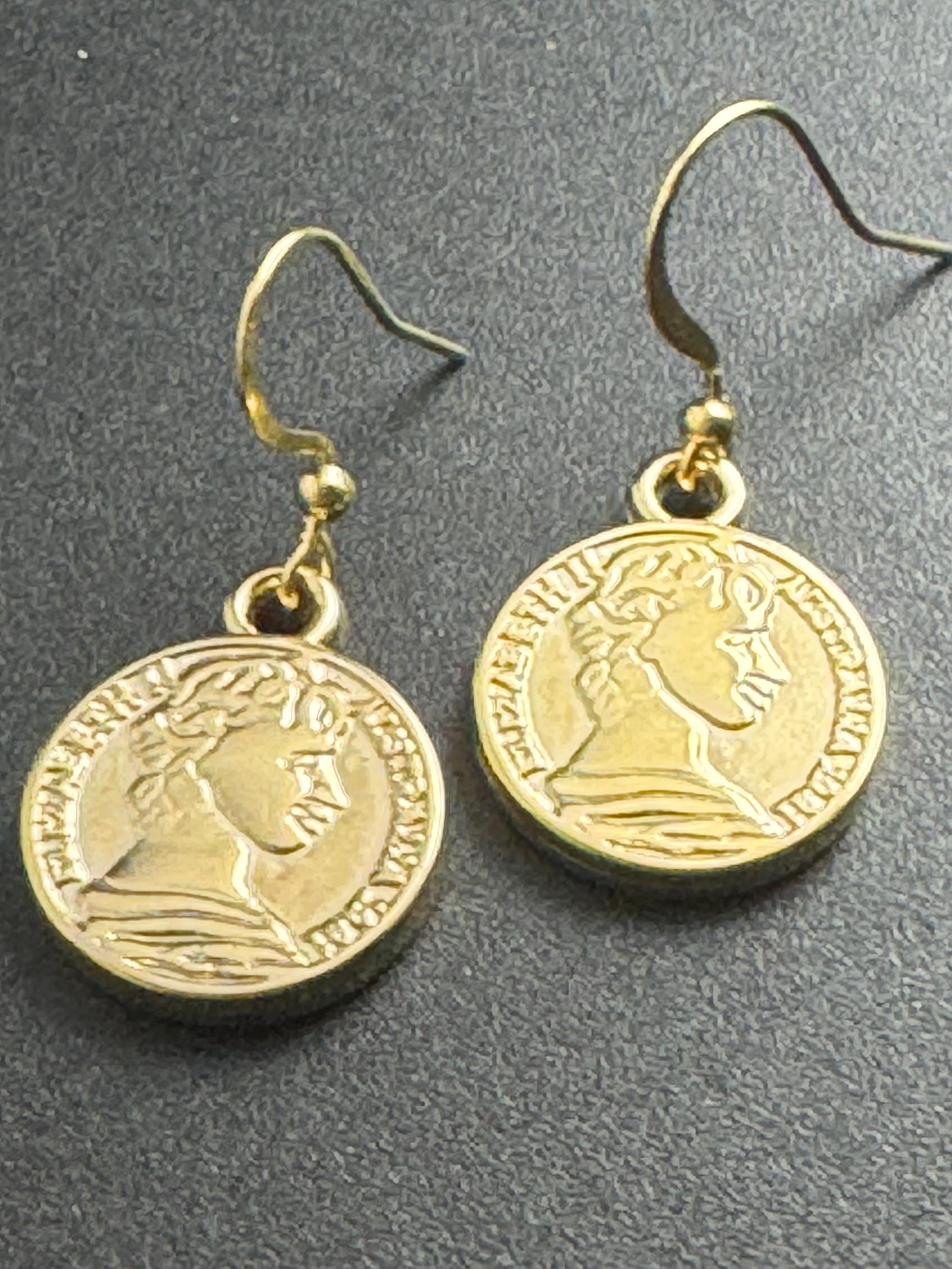 Gold coin earrings for pierced ears, small dainty lightweight replica coin charm dangly drops