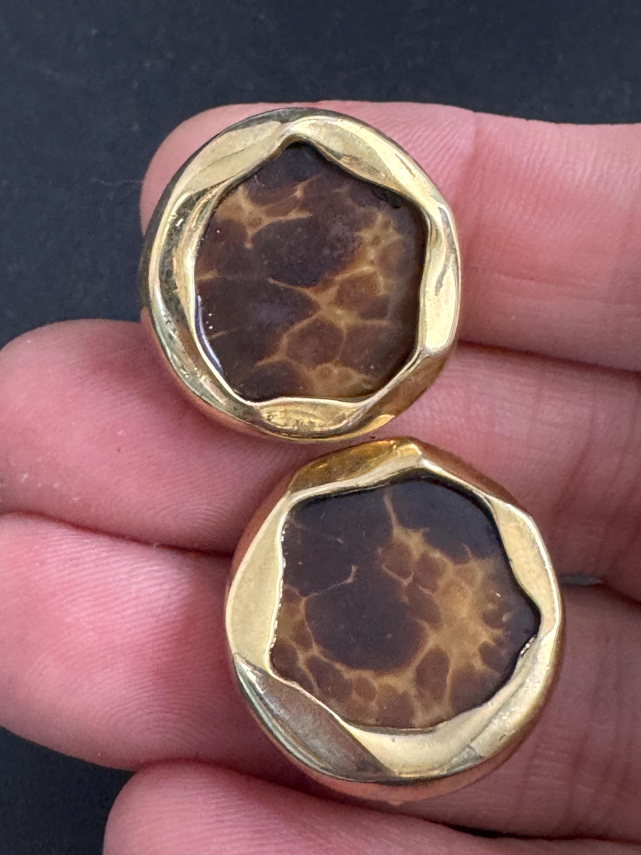 Italian Leopard Print Clip On Earrings: vintage Gold plated brown animal print