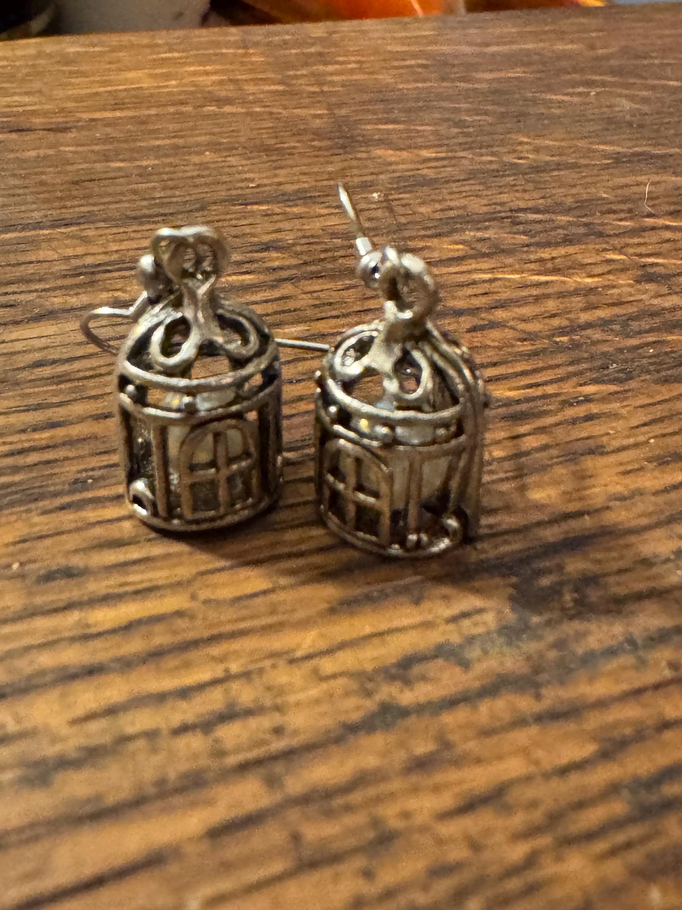 Silver and pearl birdcage earrings, for pierced ears