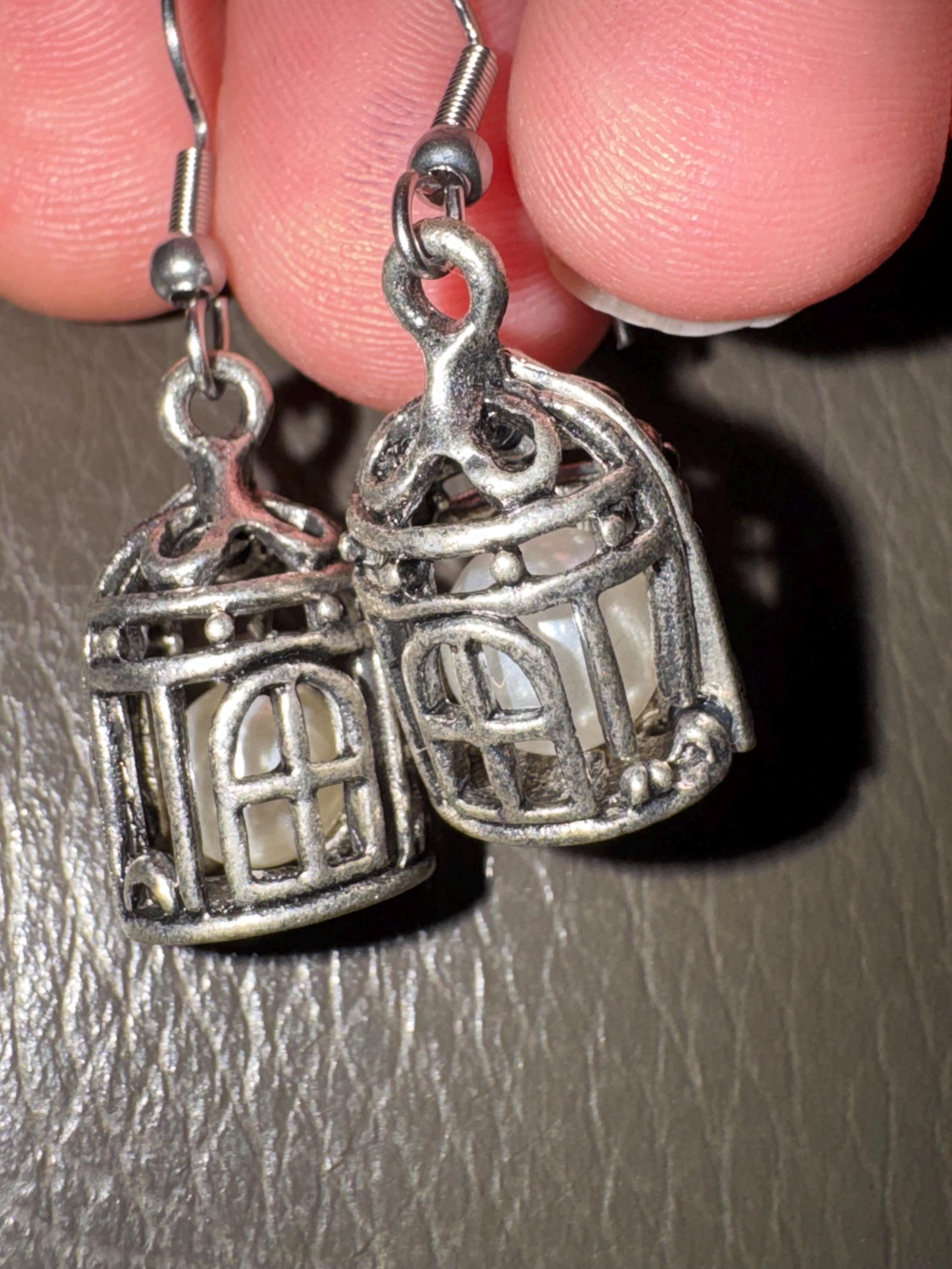 Silver and pearl birdcage earrings, for pierced ears