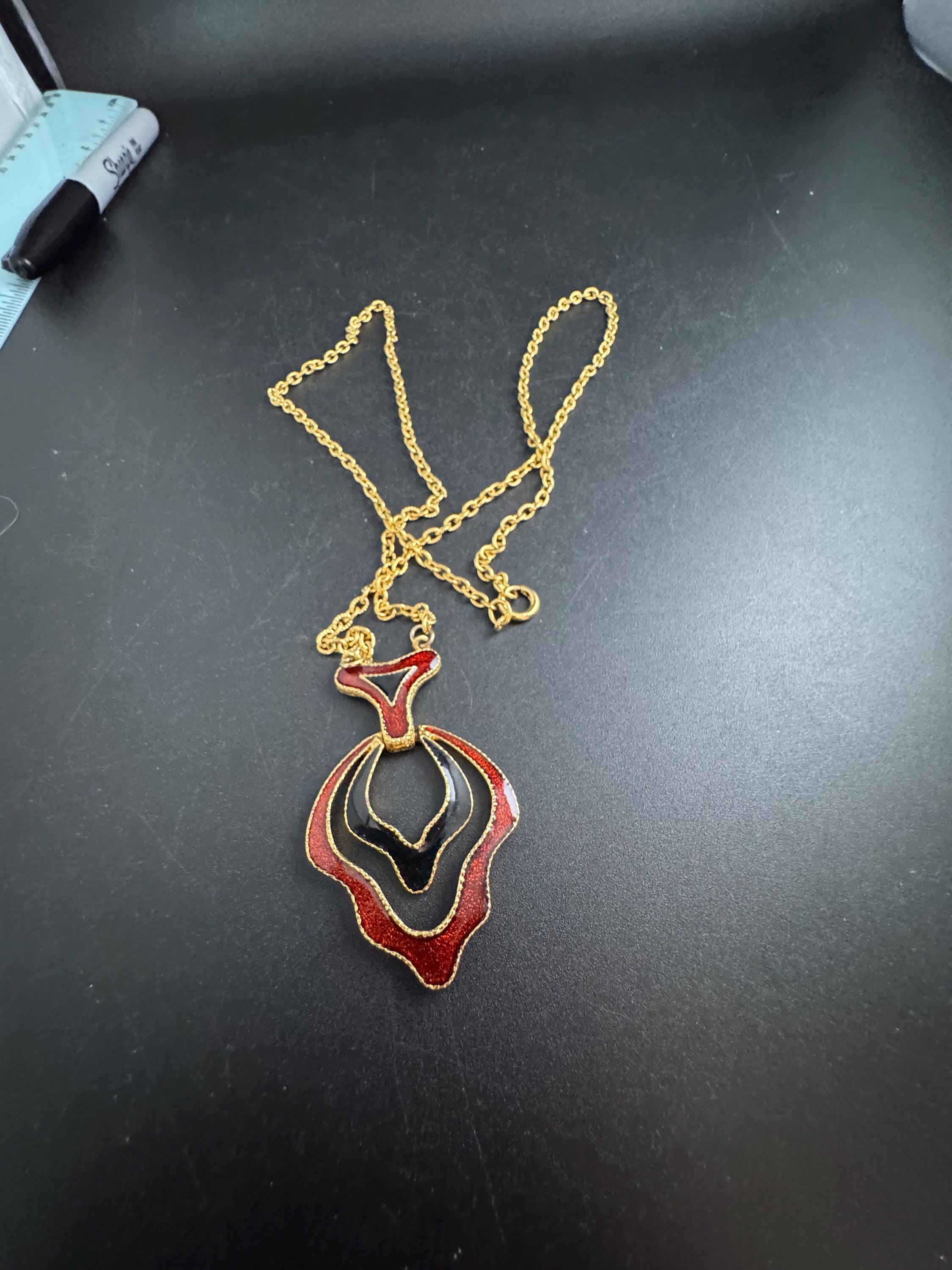Signed AVON Red Black pendant, enamelled necklace