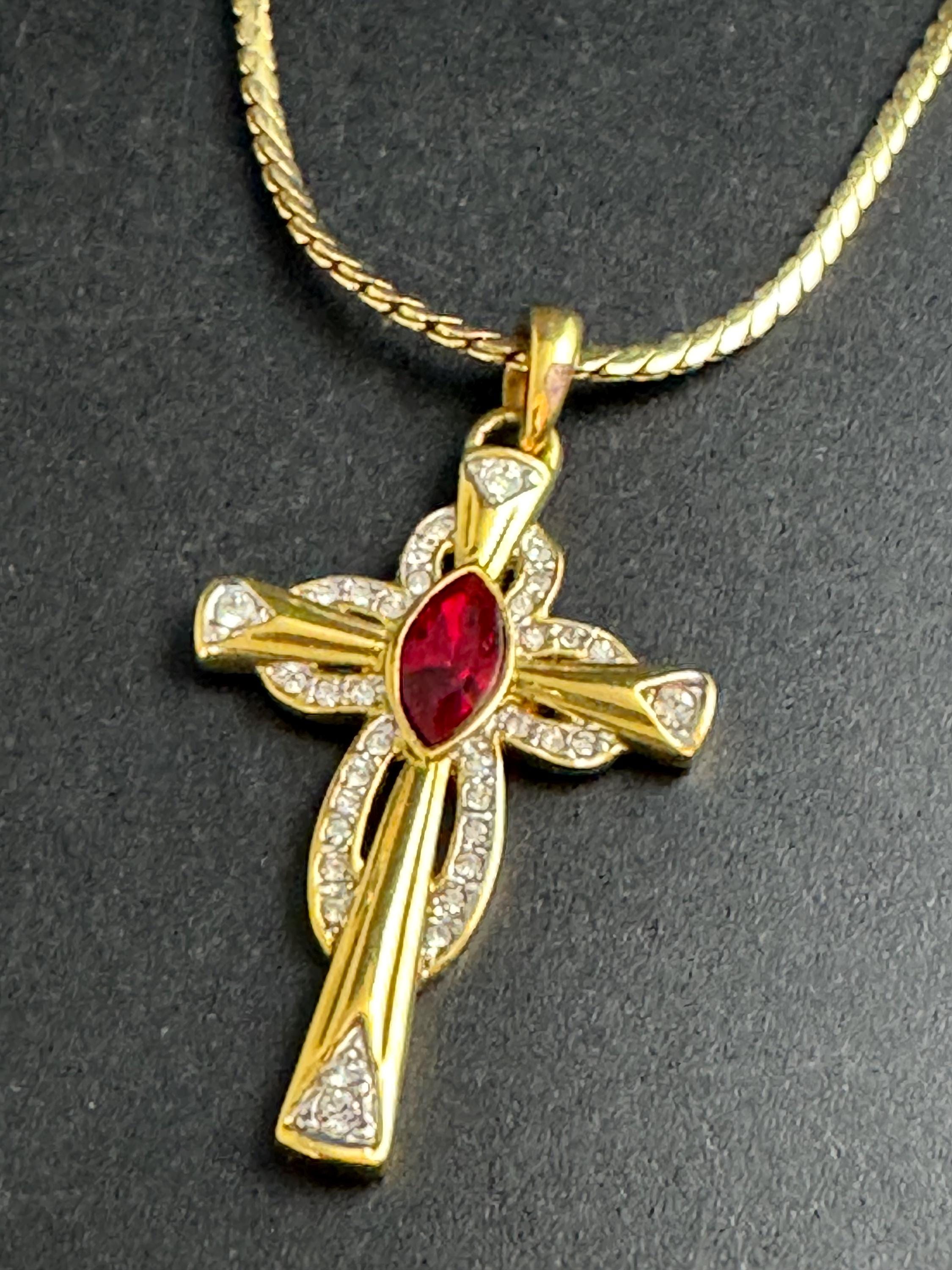JBK Ruby rhinestone cross pendant, signed Jackie Kennedy camrose and cross