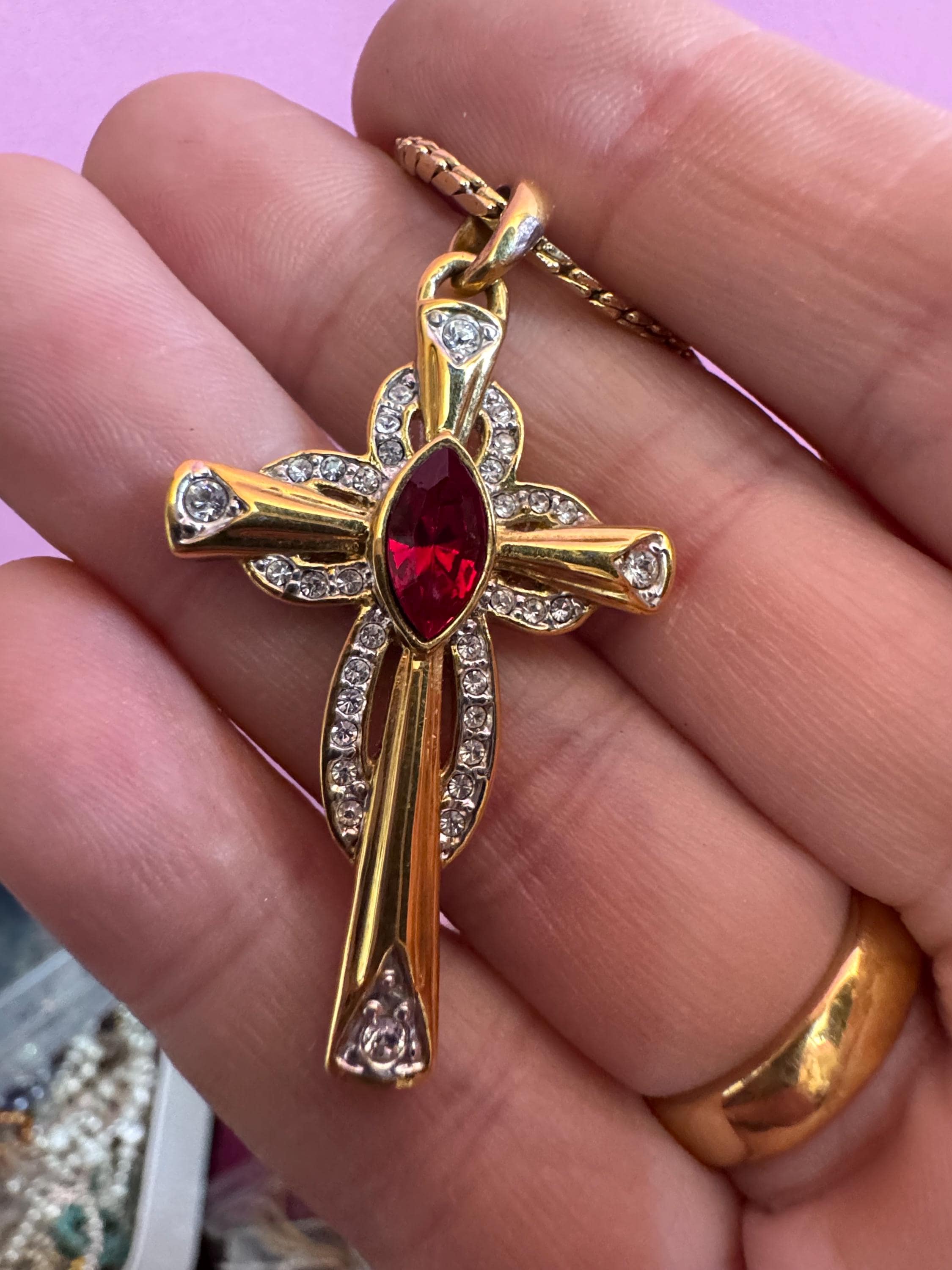 JBK Ruby rhinestone cross pendant, signed Jackie Kennedy camrose and cross