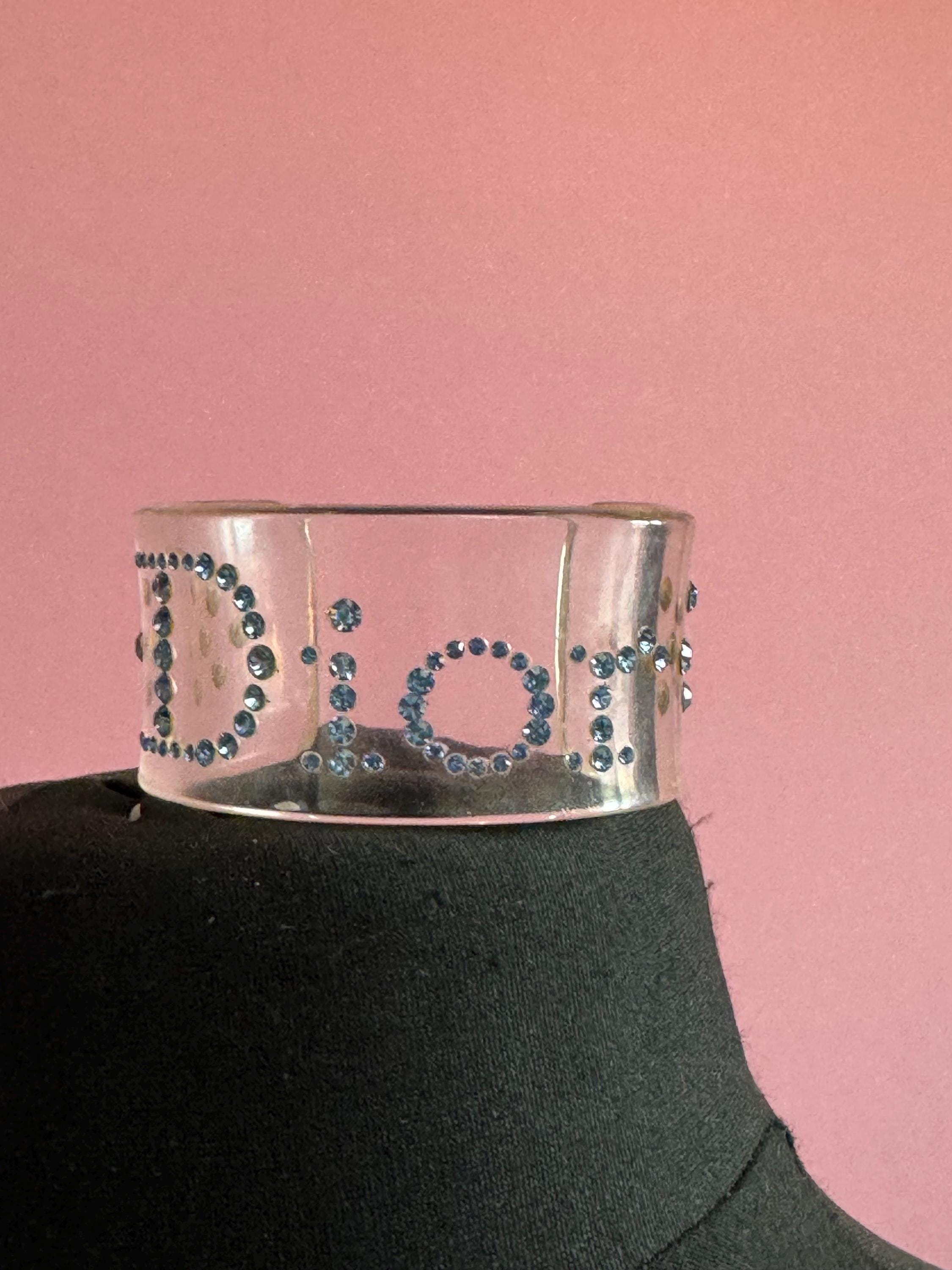 Christian Dior blue rhinestone clear acrylic cuff bangle , designer bracelet