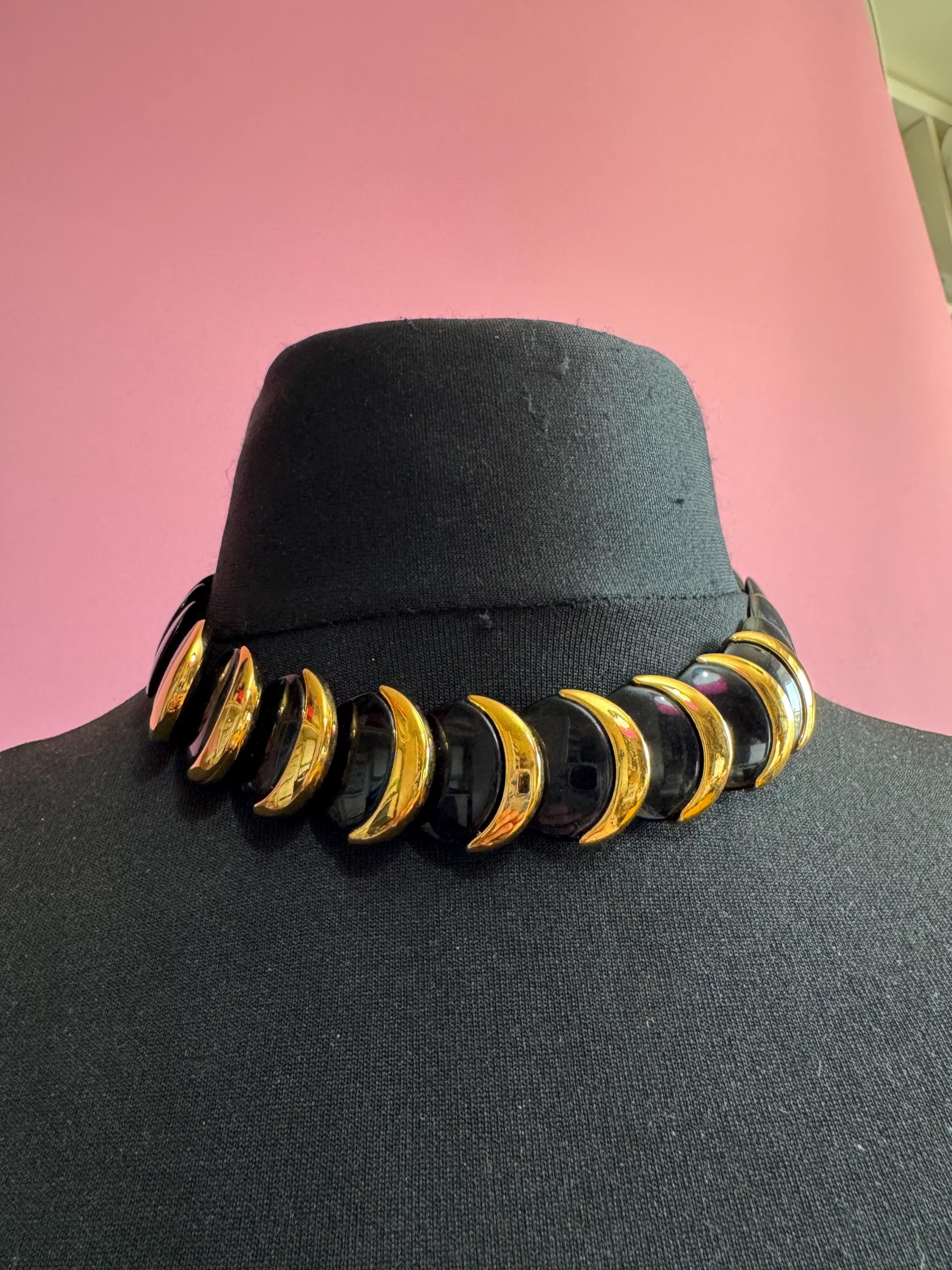 Napier black and gold disc necklace, vintage acrylic beaded choker signed