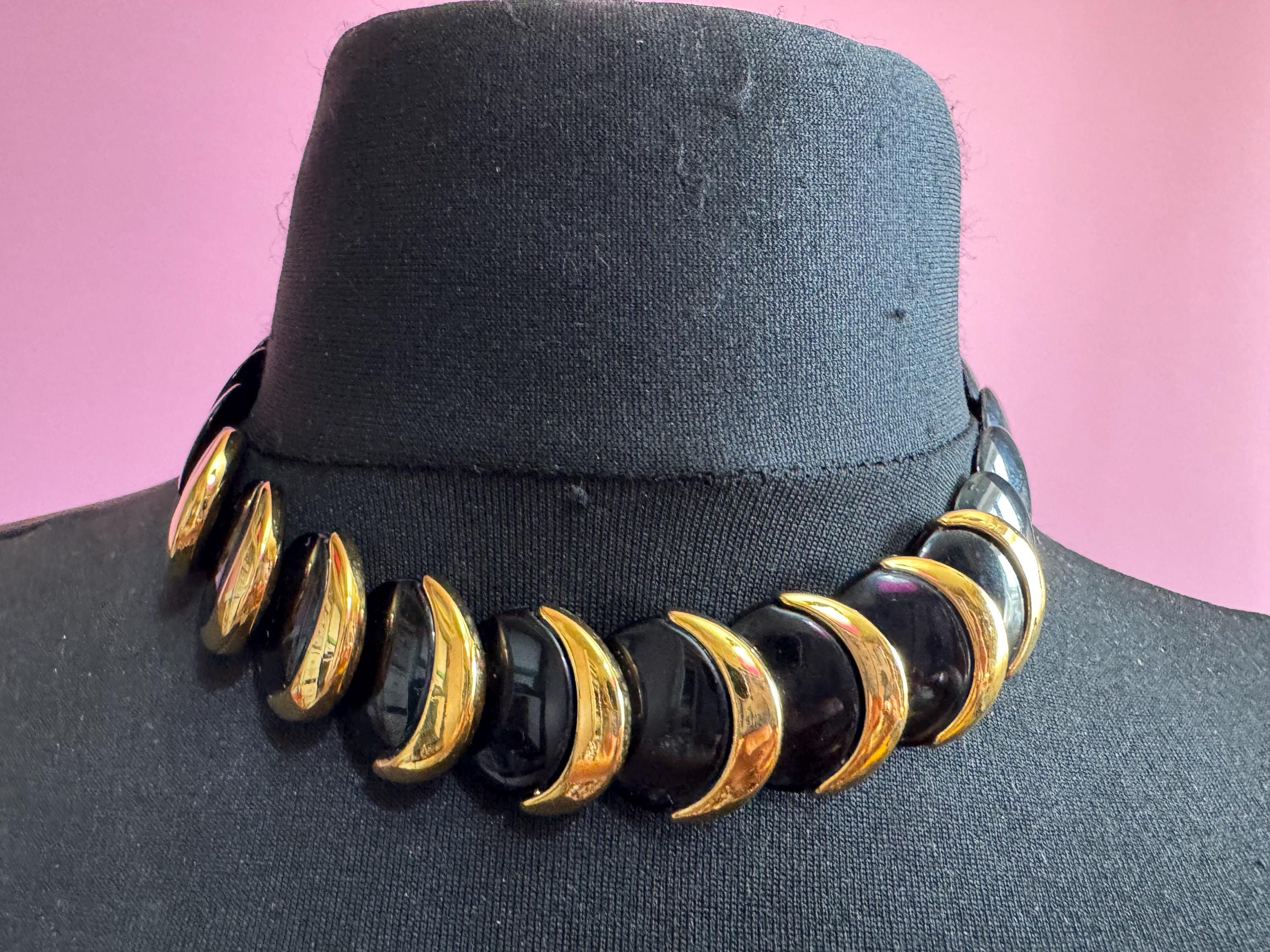Napier black and gold disc necklace, vintage acrylic beaded choker signed