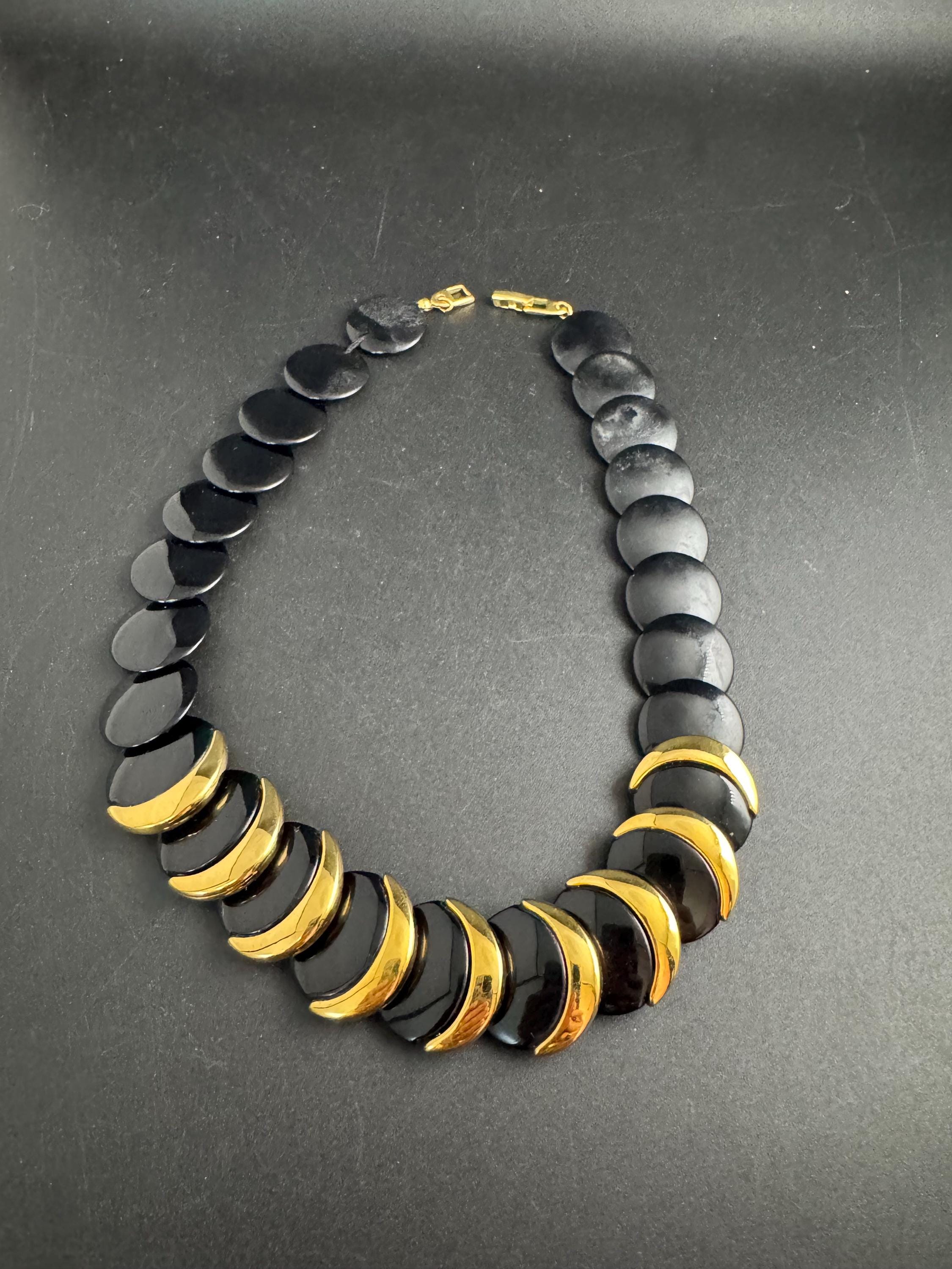 Napier black and gold disc necklace, vintage acrylic beaded choker signed