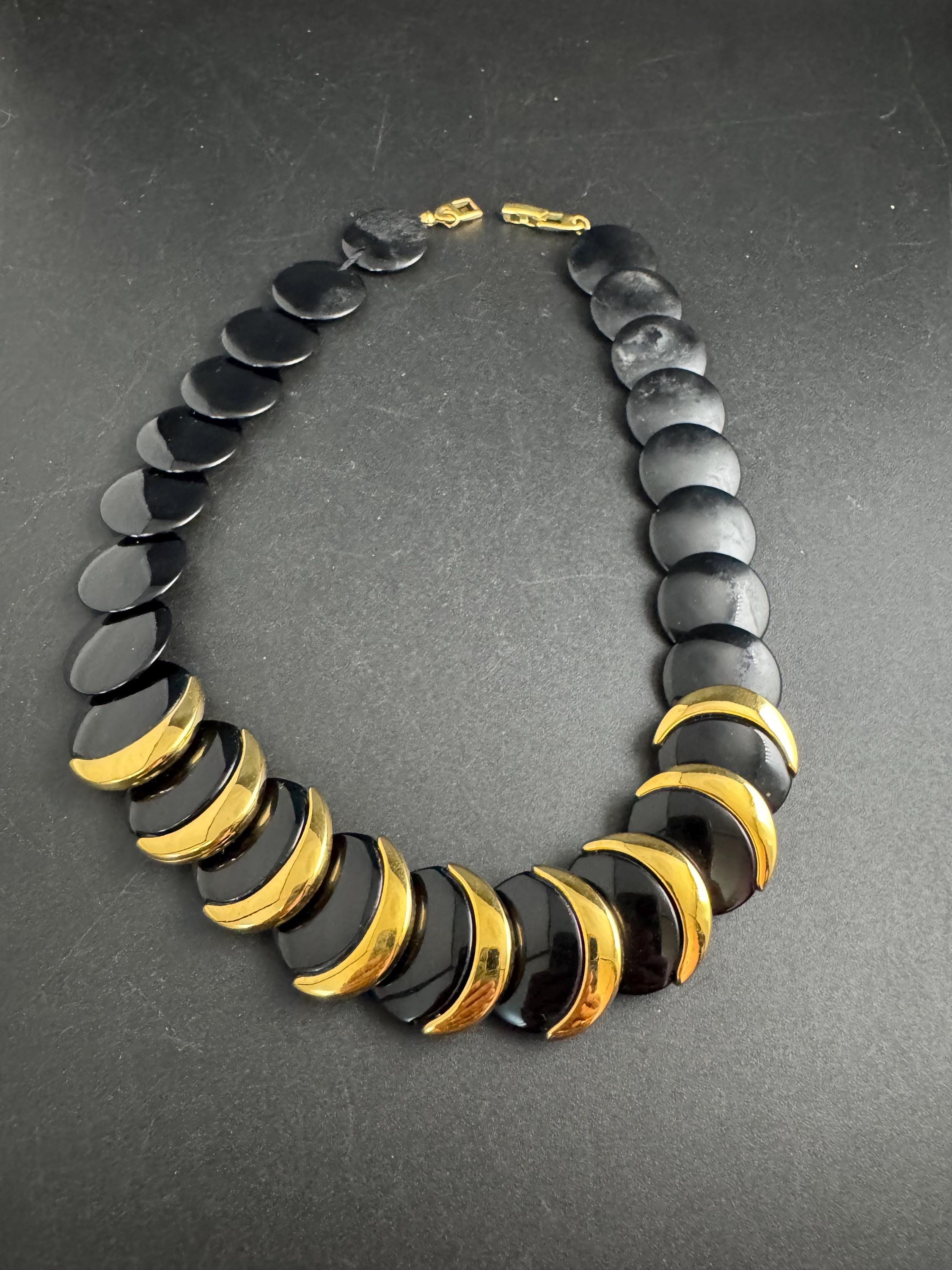 Napier black and gold disc necklace, vintage acrylic beaded choker signed