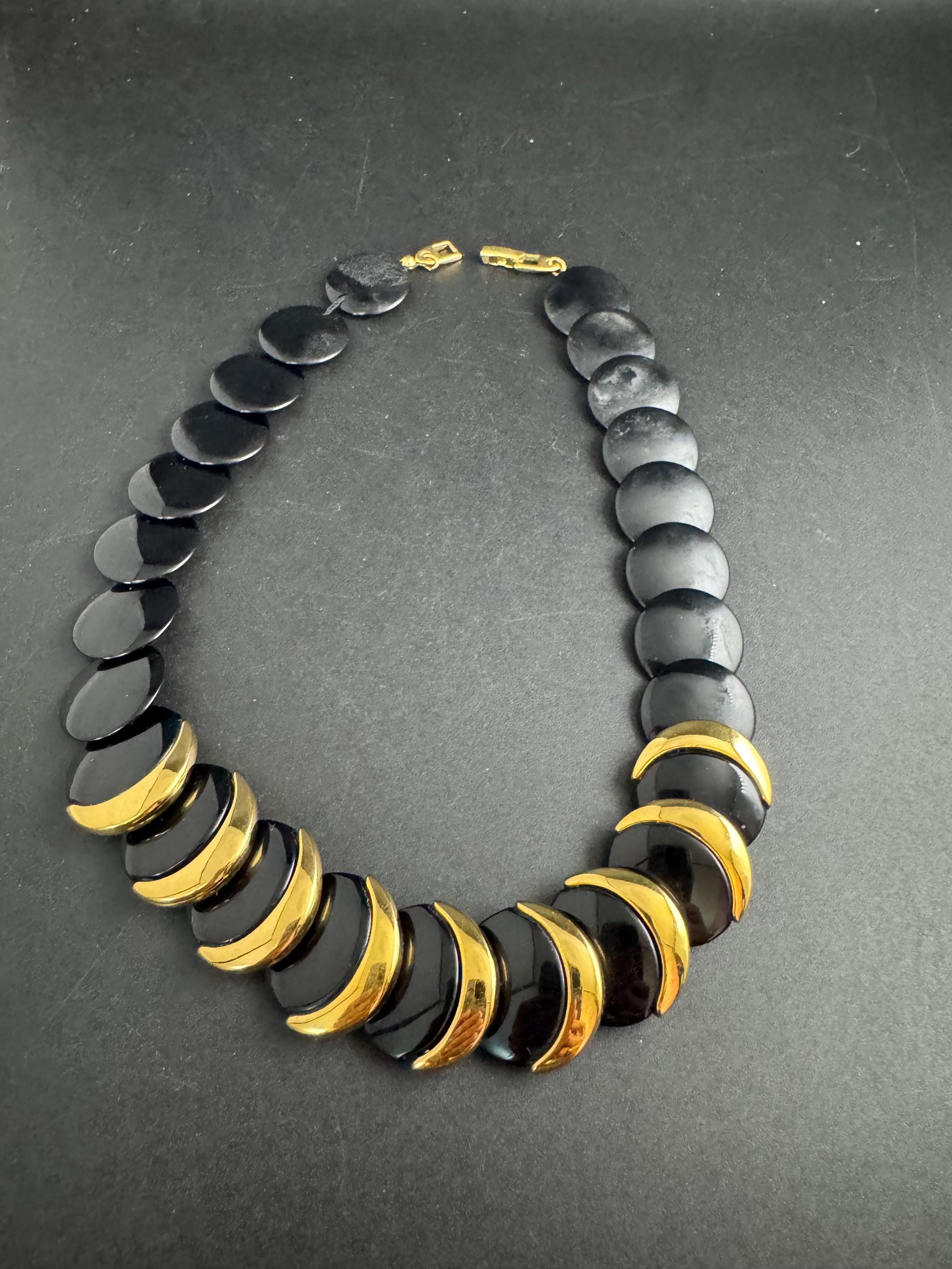 Napier black and gold disc necklace, vintage acrylic beaded choker signed