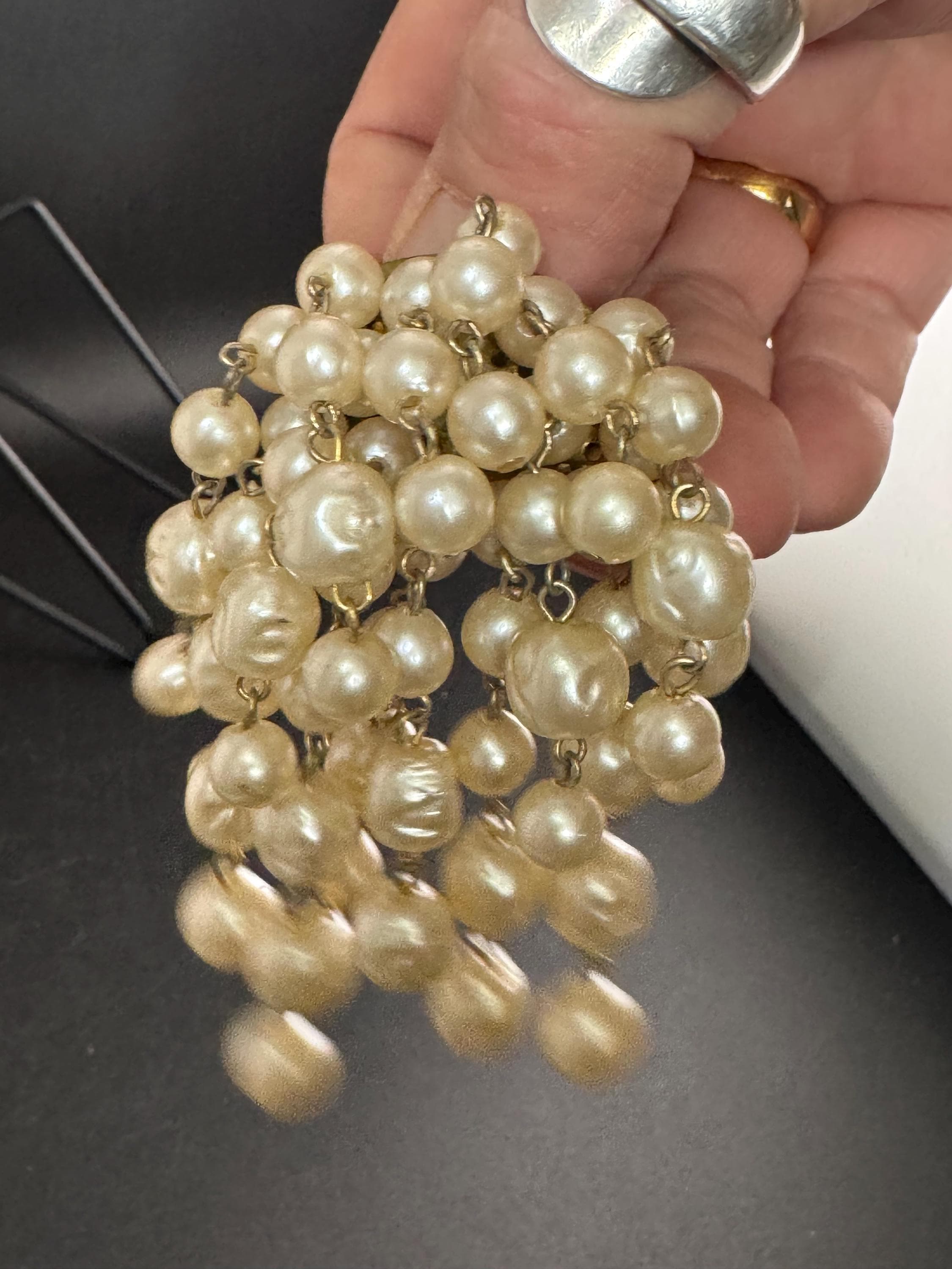 Big pearl beaded waterfall brooch, vintage plastic beads